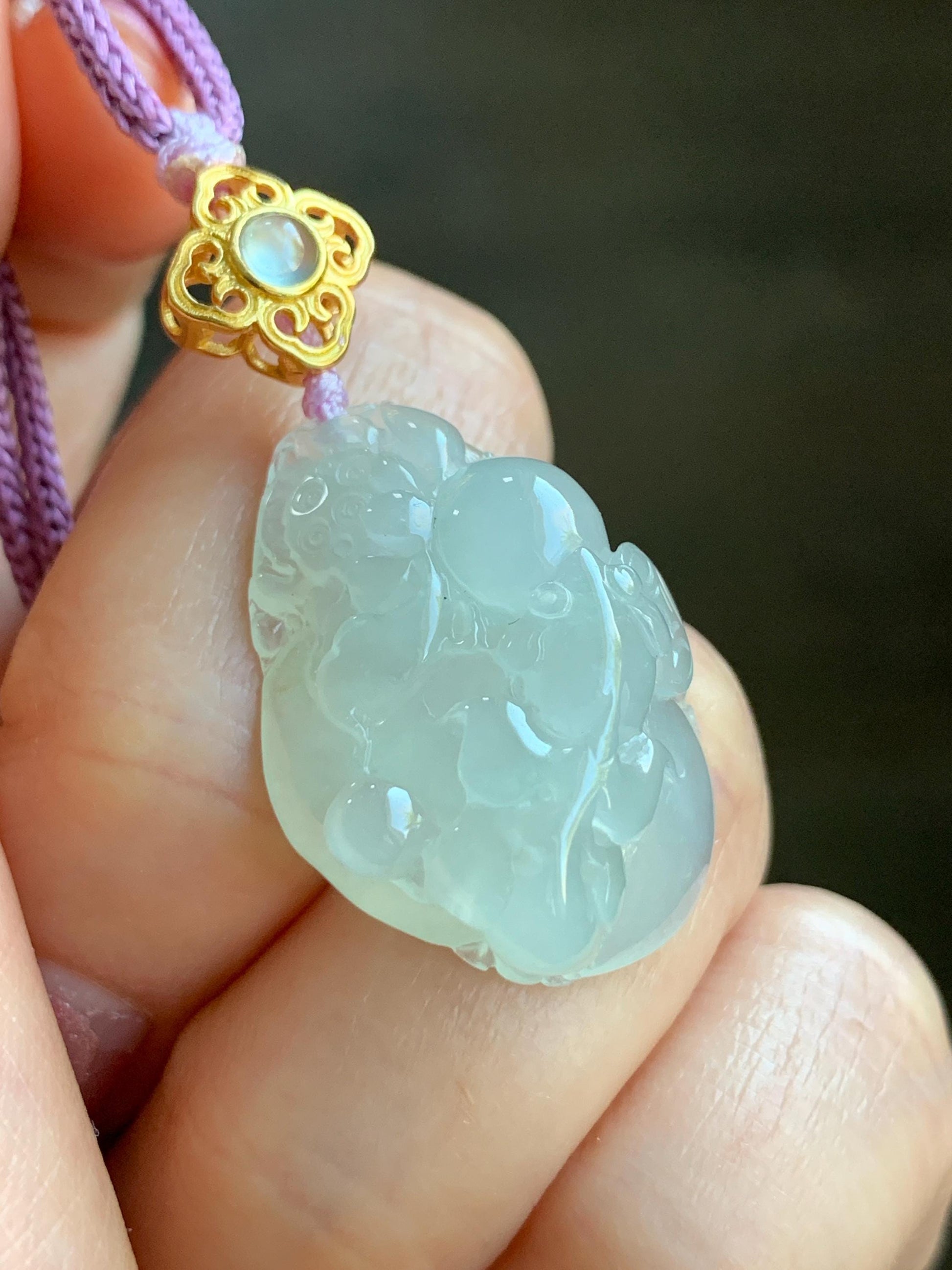 Certified Natural Burmese Premium Icy Pale Green Jadeite Lotus Flower Goldfish Ruyi Pendant Necklace Sterling Silver 8g 天然缅甸冰胶起光淡晴底翡翠莲花鱼如意吊坠