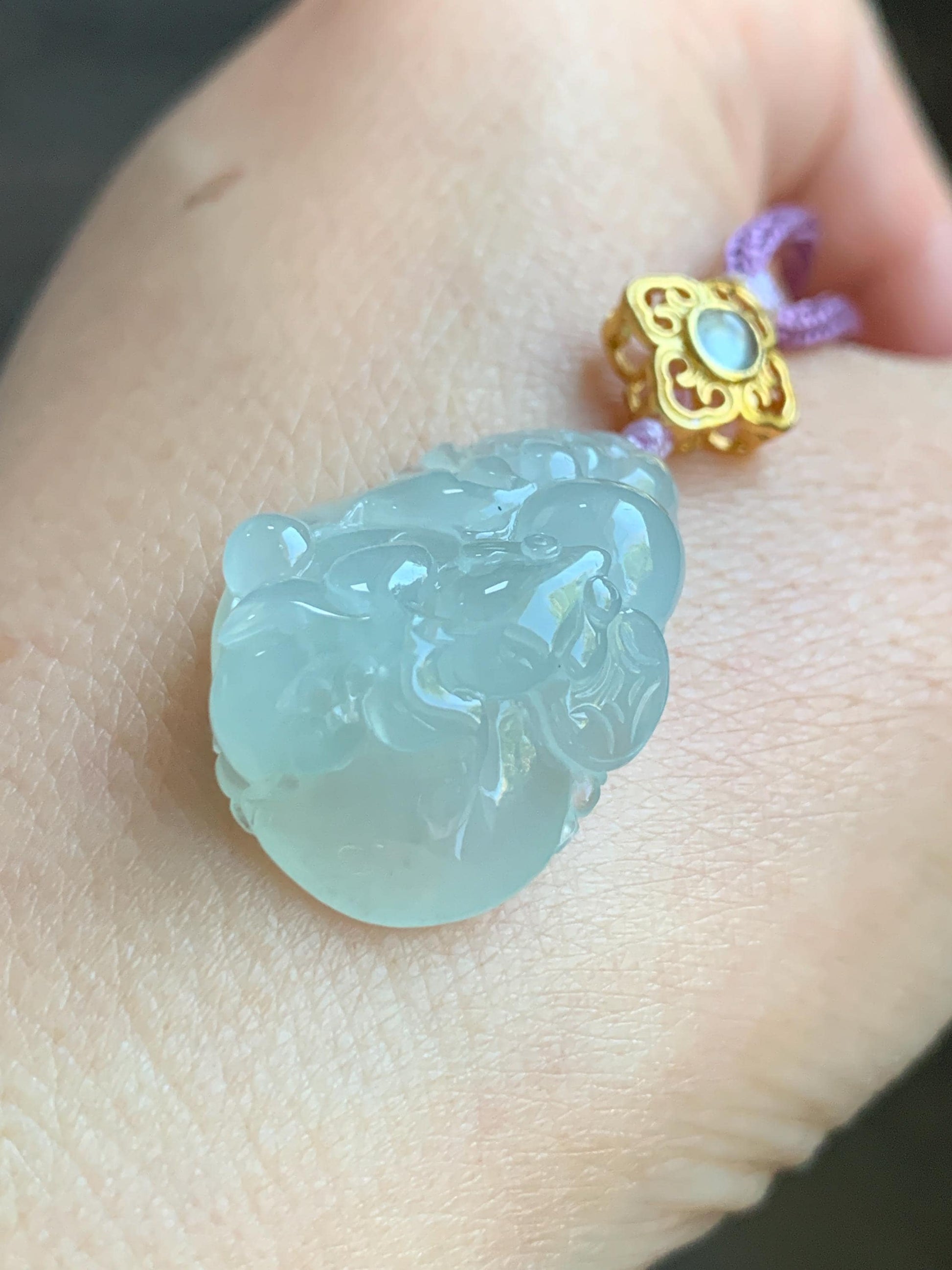 Certified Natural Burmese Premium Icy Pale Green Jadeite Lotus Flower Goldfish Ruyi Pendant Necklace Sterling Silver 8g 天然缅甸冰胶起光淡晴底翡翠莲花鱼如意吊坠