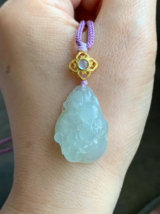 Certified Natural Burmese Premium Icy Pale Green Jadeite Lotus Flower Goldfish Ruyi Pendant Necklace Sterling Silver 8g 天然缅甸冰胶起光淡晴底翡翠莲花鱼如意吊坠