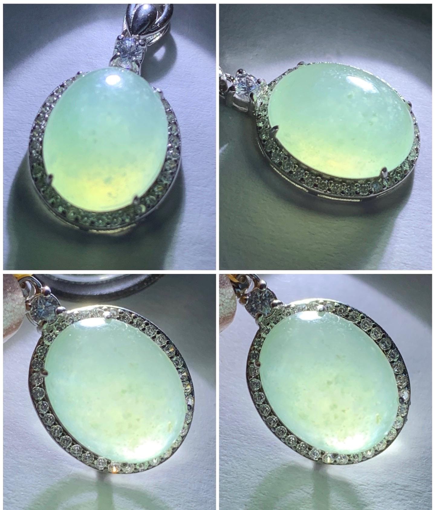 Natural Burmese Icy Highly Translucent Light Green Jadeite Oval Cabochon Pendant Sterling Silver 天然缅甸冰晴起光翡翠镶嵌吊坠