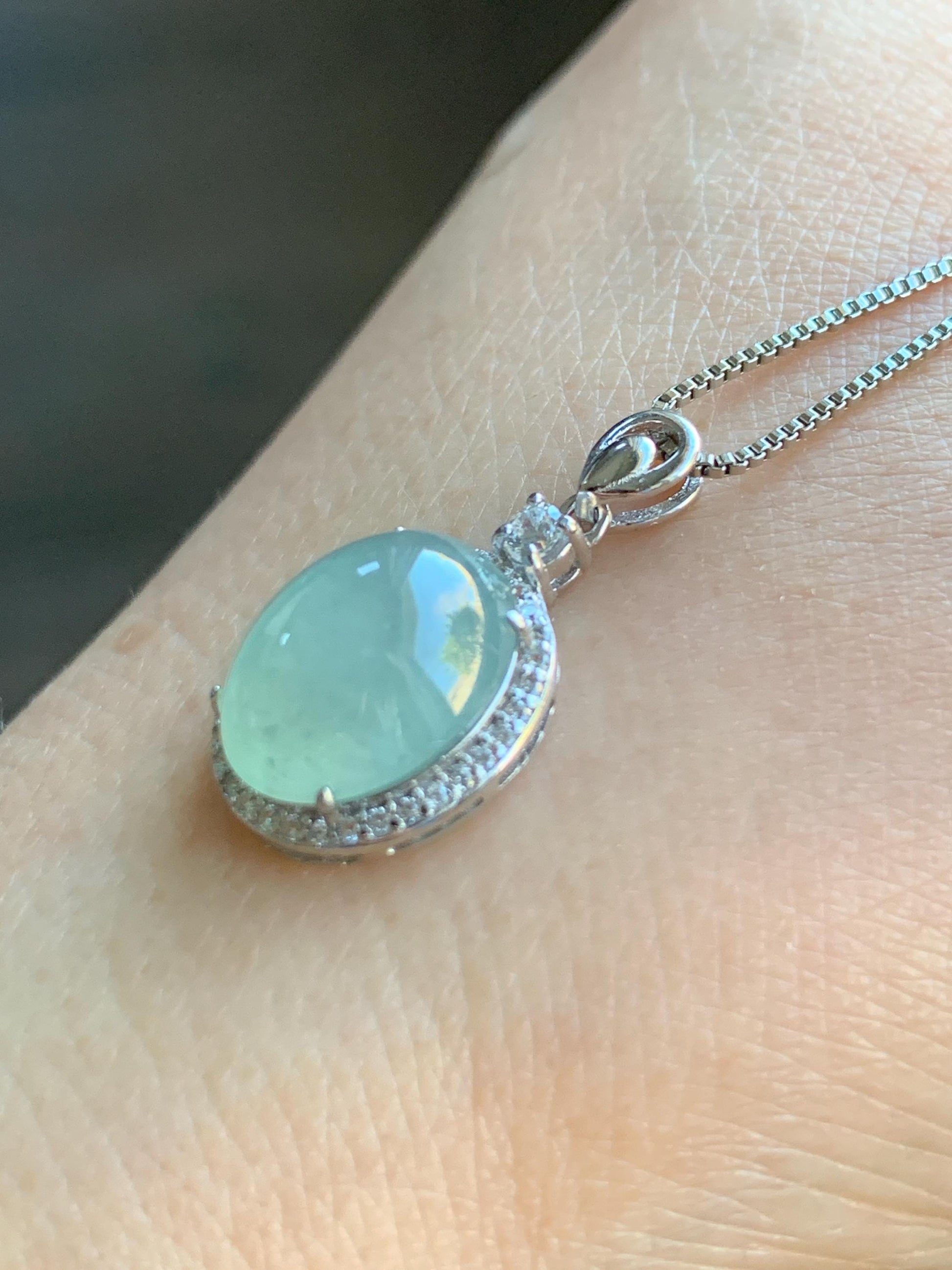 Natural Burmese Icy Highly Translucent Light Green Jadeite Oval Cabochon Pendant Sterling Silver 天然缅甸冰晴起光翡翠镶嵌吊坠
