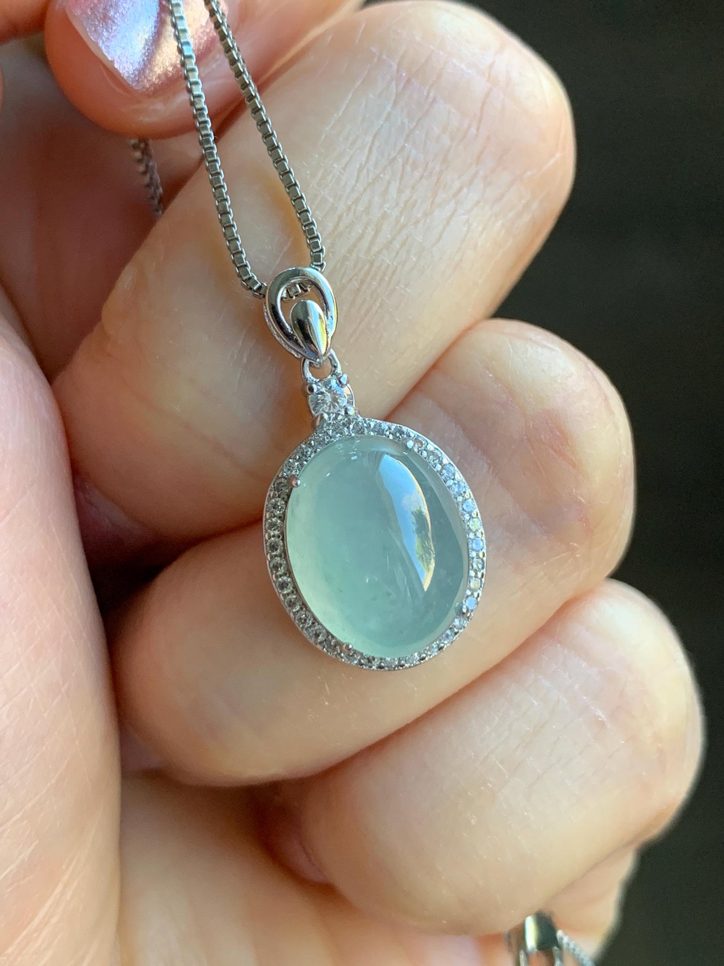 Natural Burmese Icy Highly Translucent Light Green Jadeite Oval Cabochon Pendant Sterling Silver 天然缅甸冰晴起光翡翠镶嵌吊坠