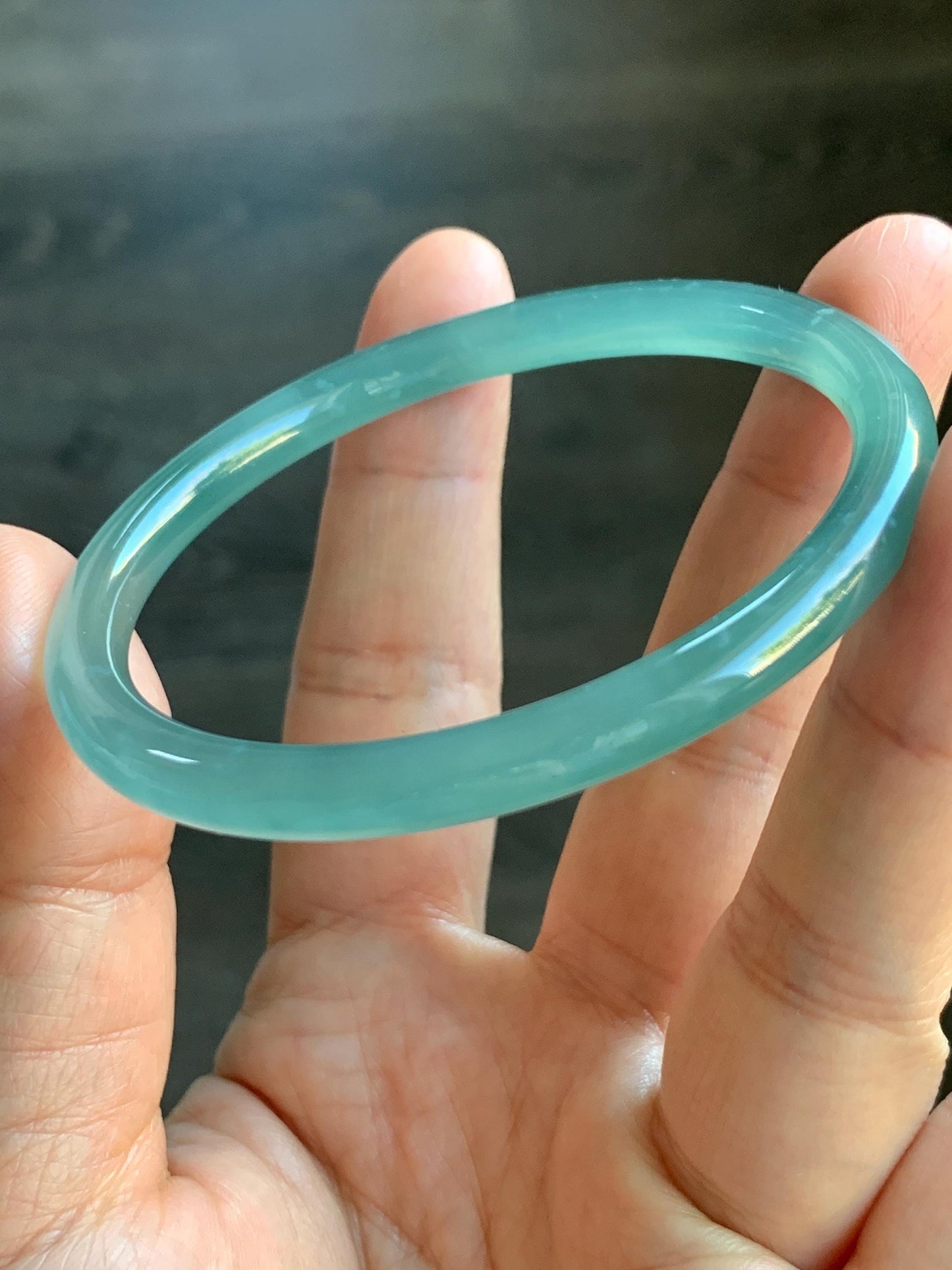 Certified Natural Guatemalan Icy Highly Translucent Light Teal Green Jadeite Slim Bangle Bracelet 58.1mm 6.6x4.8mm 17g 天然老种冰胶危晴蓝翡翠细条手镯 6959