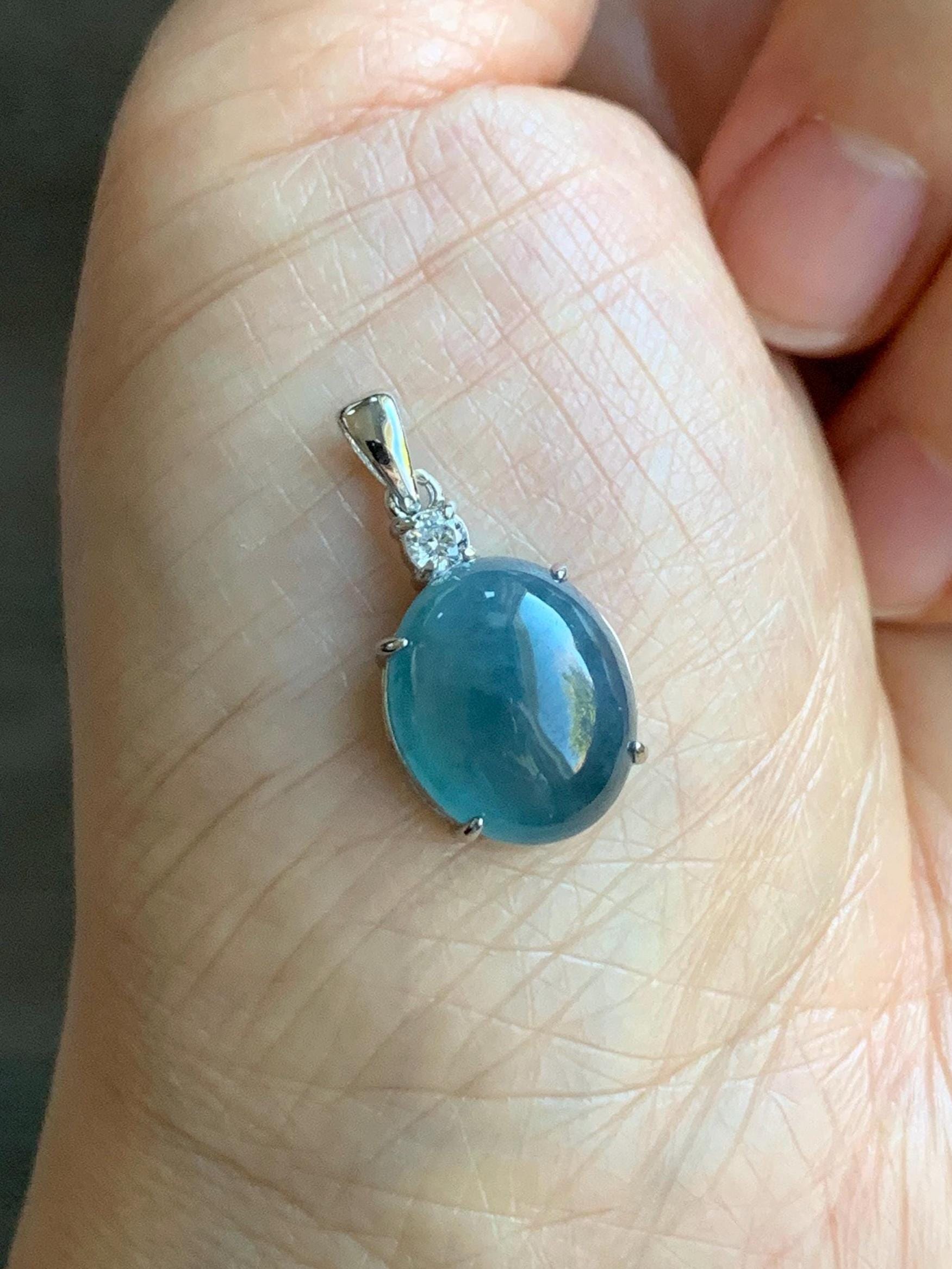 Natural Grade A Guatemalan Icy Translucent Dark Blue Jadeite Oval Cabochon Solitaire Pendant Sterling Silver 天然冰危蓝翡翠蛋面银镶吊坠 WLD88