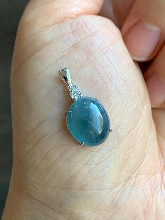 Natural Grade A Guatemalan Icy Translucent Dark Blue Jadeite Oval Cabochon Solitaire Pendant Sterling Silver 天然冰危蓝翡翠蛋面银镶吊坠 WLD88