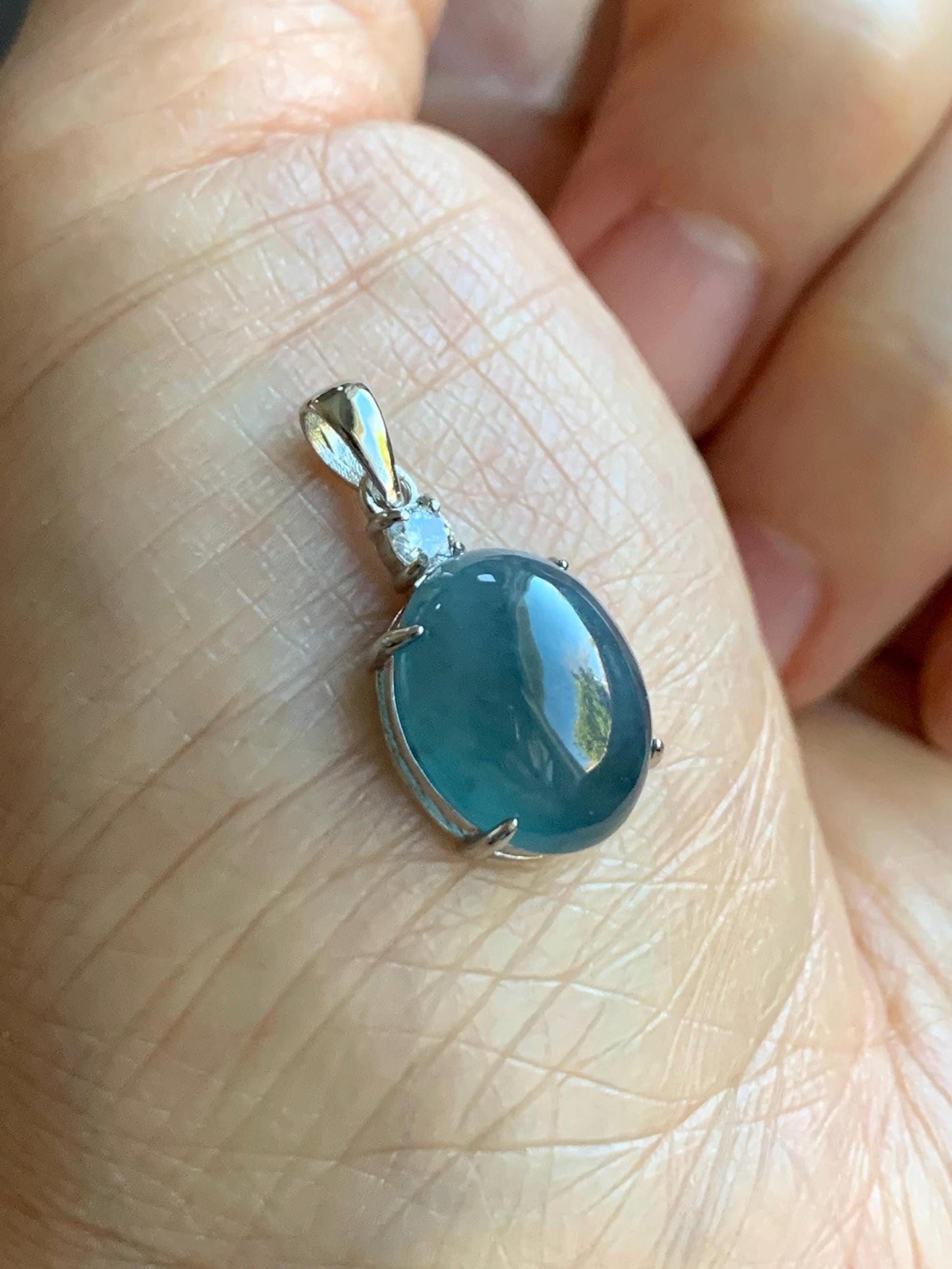 Natural Grade A Guatemalan Icy Translucent Dark Blue Jadeite Oval Cabochon Solitaire Pendant Sterling Silver 天然冰危蓝翡翠蛋面银镶吊坠 WLD88