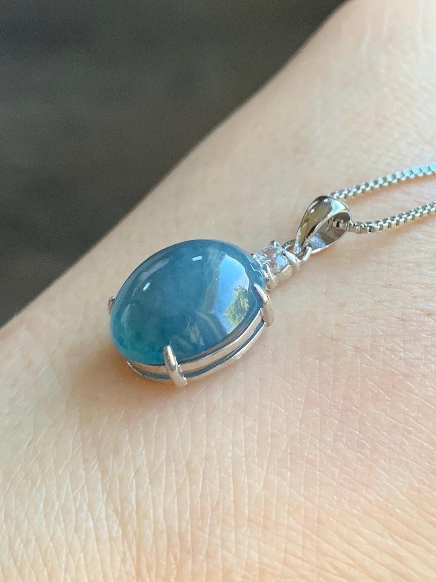 Natural Grade A Guatemalan Icy Translucent Dark Blue Jadeite Oval Cabochon Solitaire Pendant Sterling Silver 天然冰危蓝翡翠蛋面银镶吊坠 WLD88
