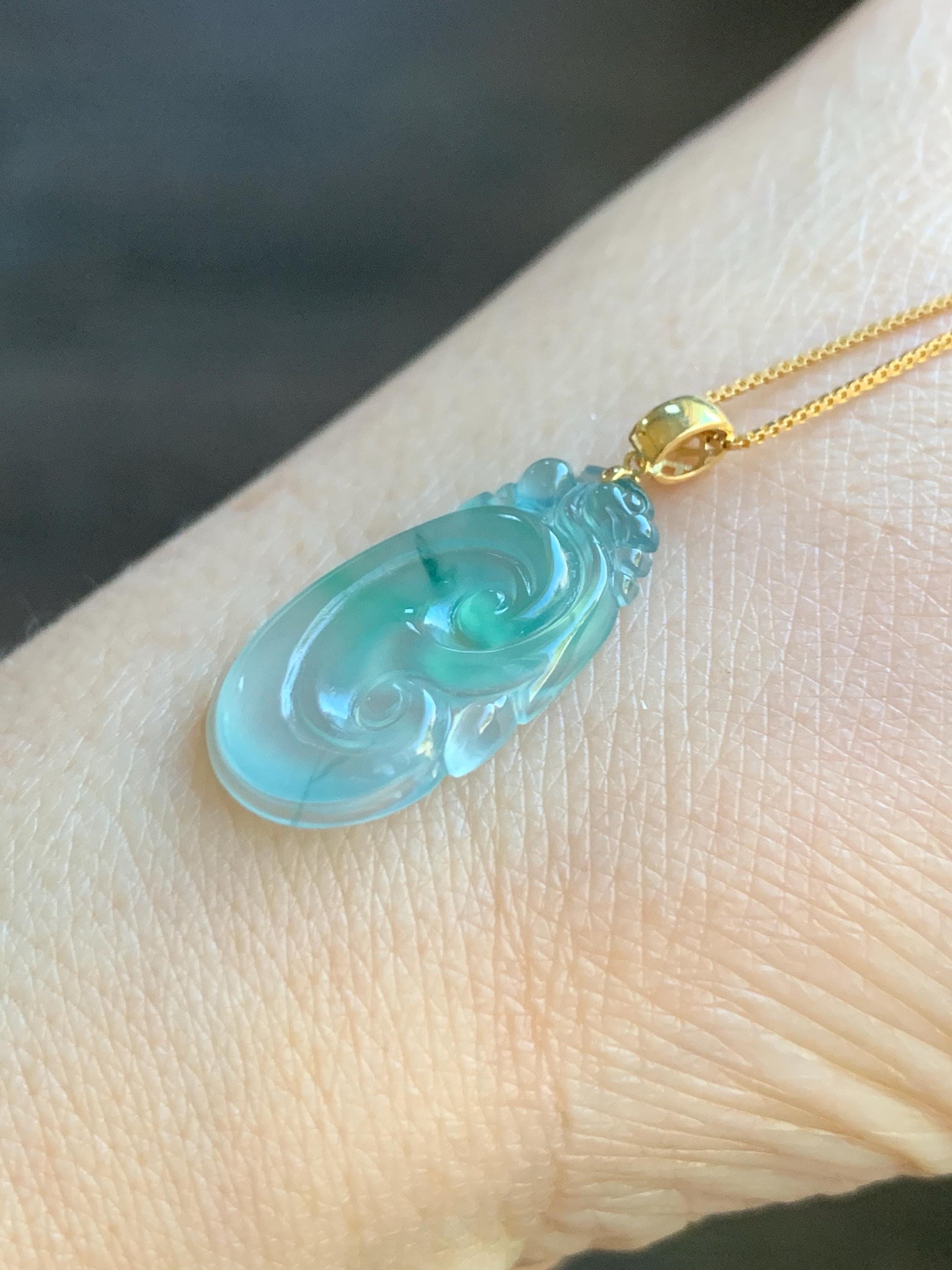 Natural Grade A Guatemalan Icy Highly Translucent Pale Blue & Green Marbled Jadeite Ruyi Pendant 18K Yellow Gold 天然老种冰危浅蓝绿起光翡翠如意镶嵌吊坠 A