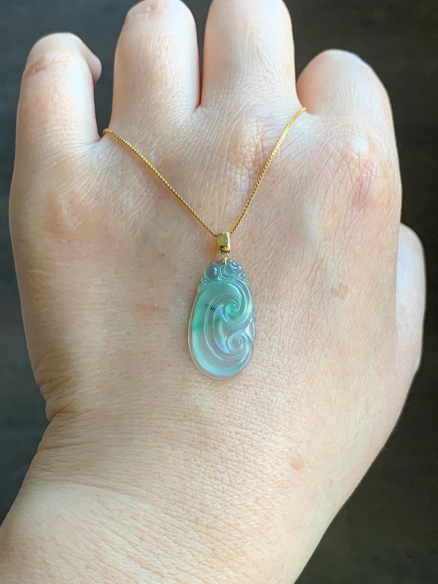 Natural Grade A Guatemalan Icy Highly Translucent Pale Blue & Green Marbled Jadeite Ruyi Pendant 18K Yellow Gold 天然老种冰危浅蓝绿起光翡翠如意镶嵌吊坠 A