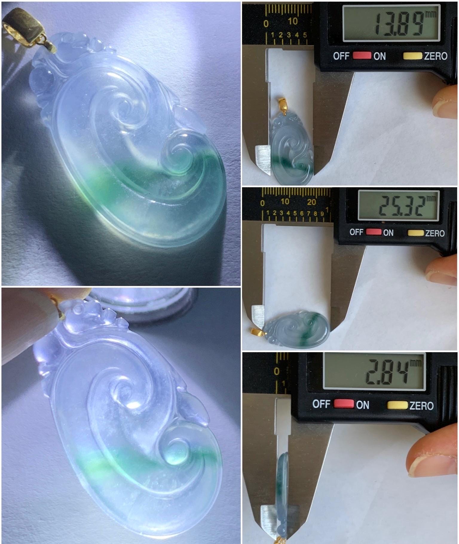 Natural Guatemalan Icy Highly Translucent Light Purplish Blue & Green Marbled Jadeite Ruyi Pendant 18K Yellow Gold 天然老种冰危浅蓝紫飘绿起光翡翠如意镶嵌吊坠 B