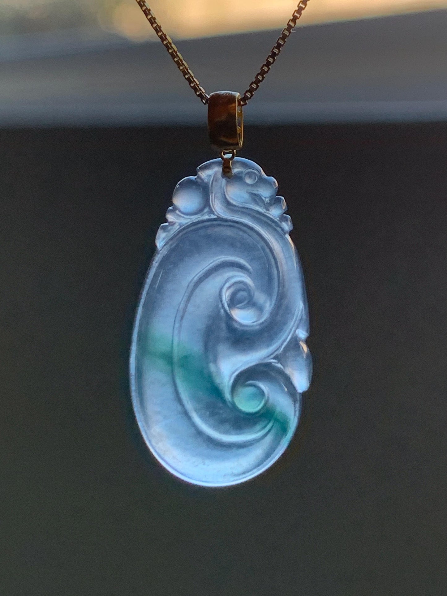 Natural Guatemalan Icy Highly Translucent Light Purplish Blue & Green Marbled Jadeite Ruyi Pendant 18K Yellow Gold 天然老种冰危浅蓝紫飘绿起光翡翠如意镶嵌吊坠 B