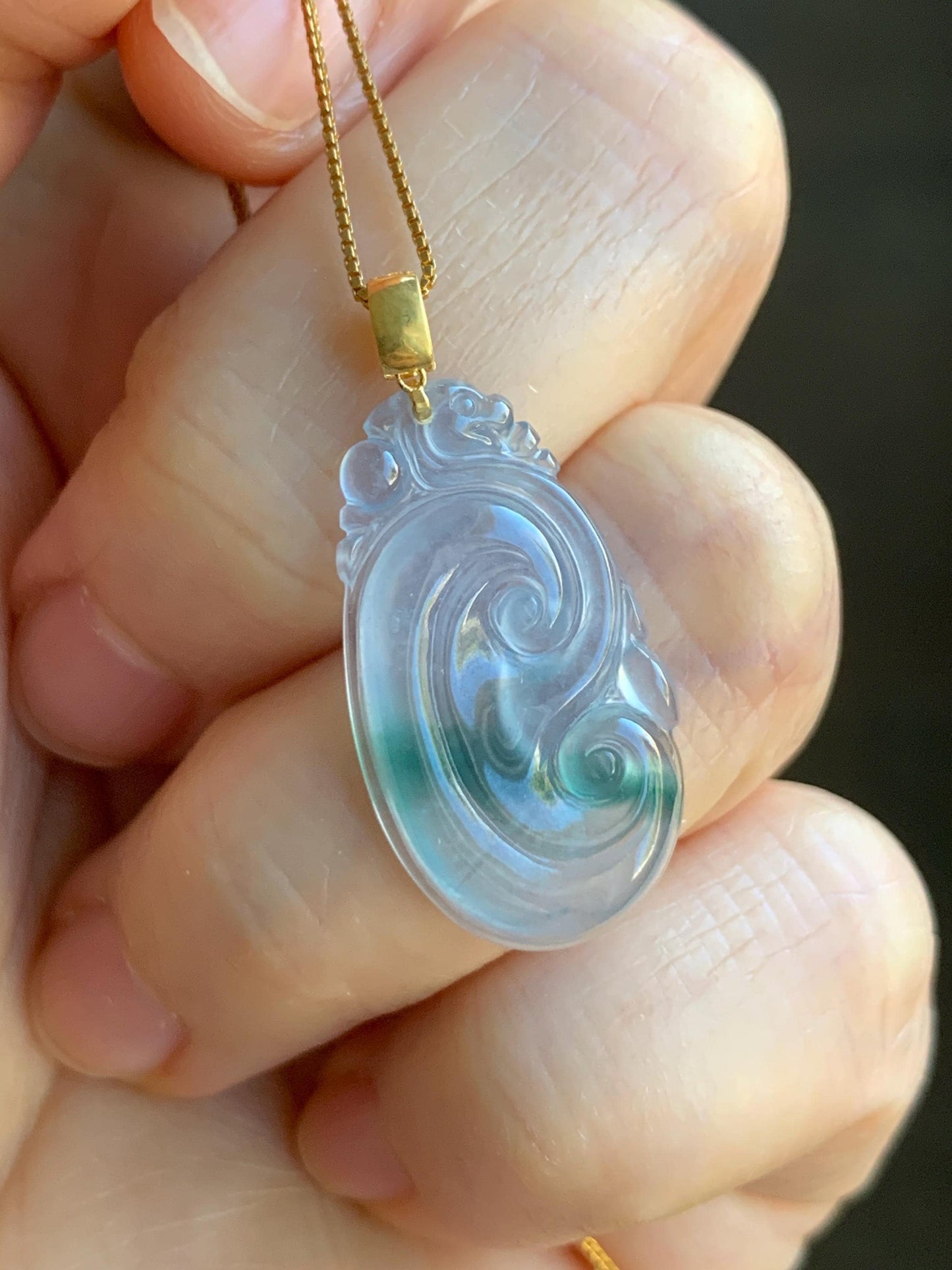 Natural Guatemalan Icy Highly Translucent Light Purplish Blue & Green Marbled Jadeite Ruyi Pendant 18K Yellow Gold 天然老种冰危浅蓝紫飘绿起光翡翠如意镶嵌吊坠 B
