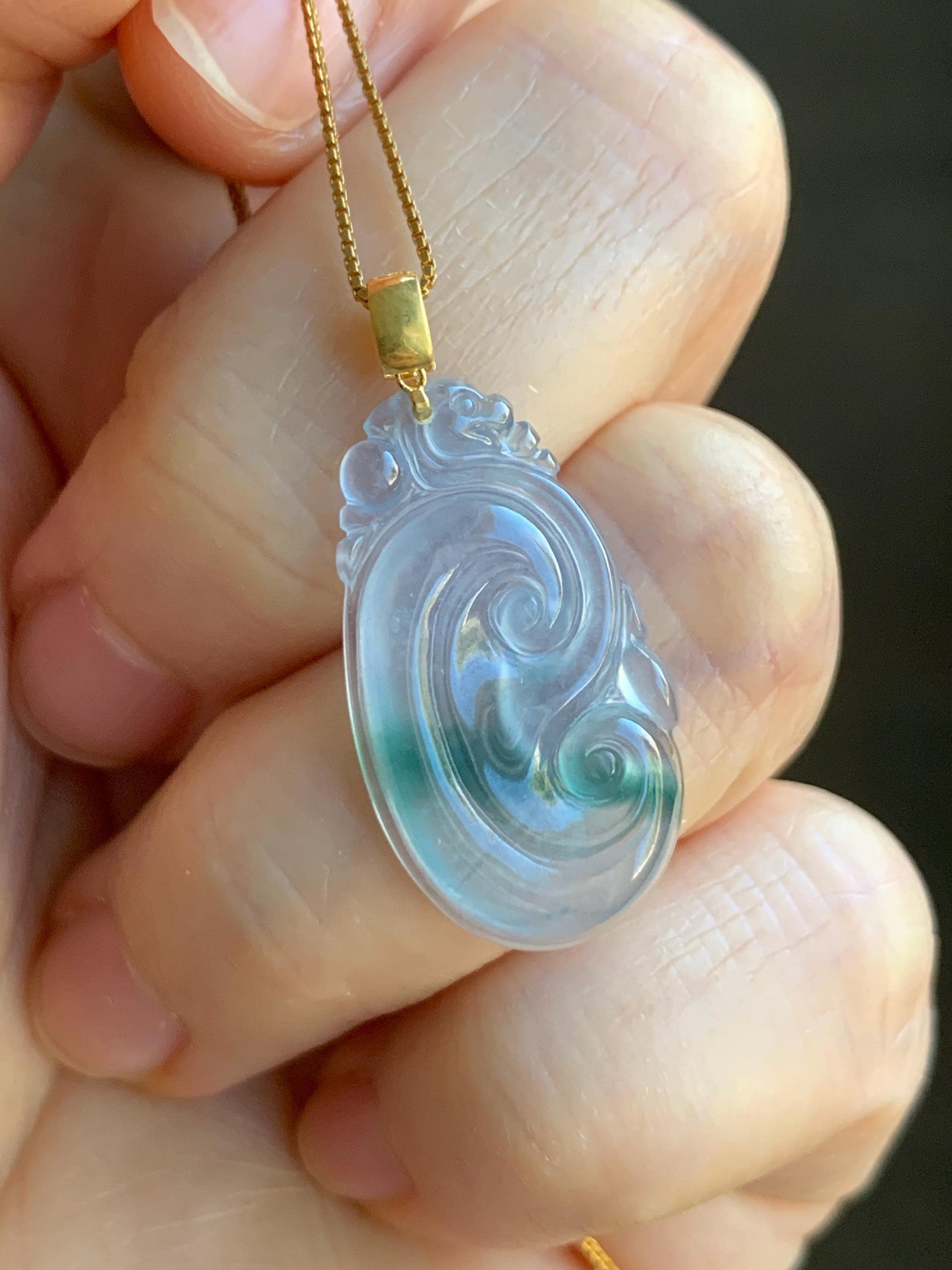 Natural Guatemalan Icy Highly Translucent Light Purplish Blue & Green Marbled Jadeite Ruyi Pendant 18K Yellow Gold 天然老种冰危浅蓝紫飘绿起光翡翠如意镶嵌吊坠 B