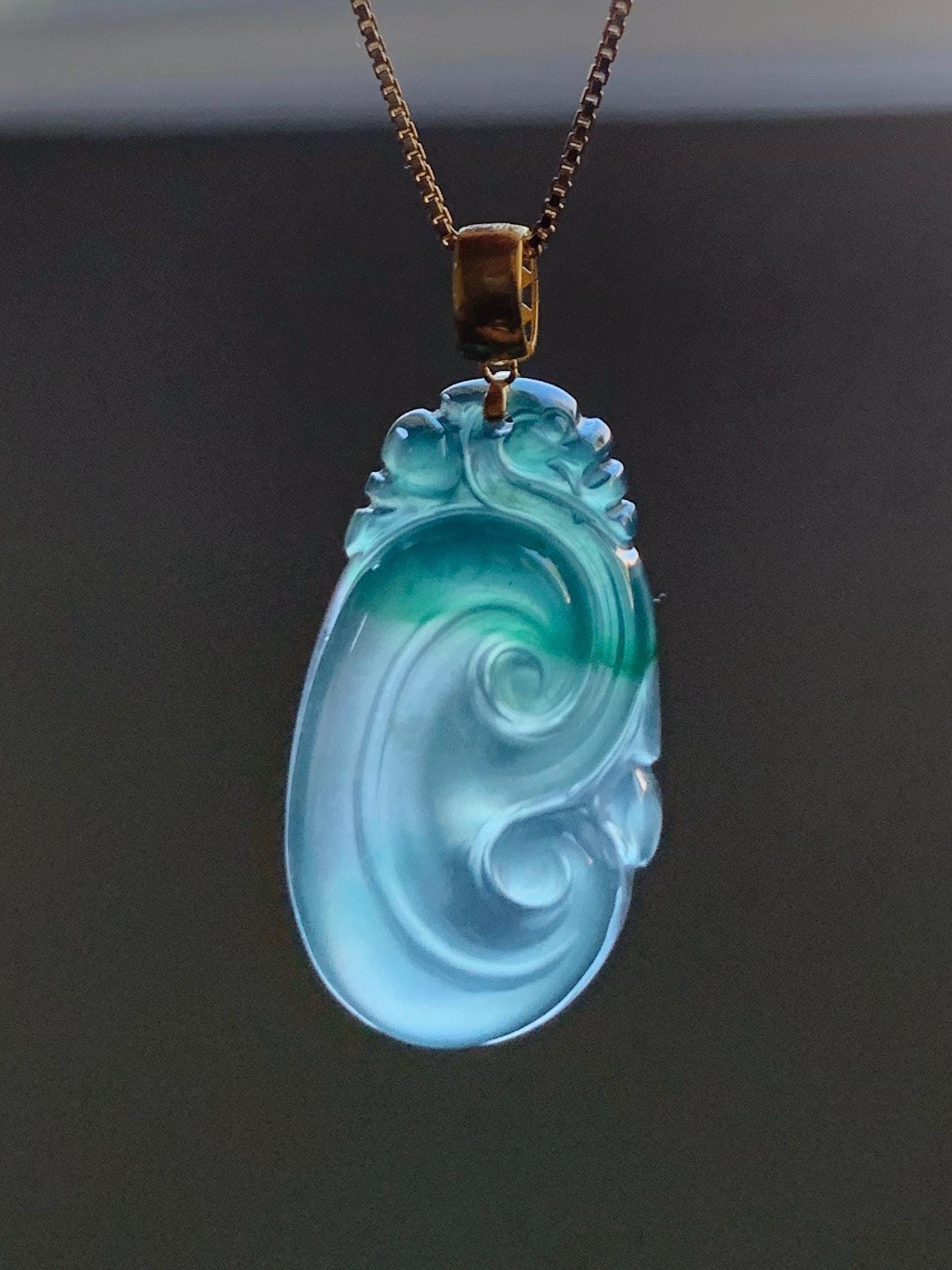 Natural Guatemalan Icy Highly Translucent Light Teal Blue & Green Marbled Jadeite Ruyi Pendant 18K Yellow Gold 天然老种冰危浅蓝飘绿起光翡翠如意镶嵌吊坠 C