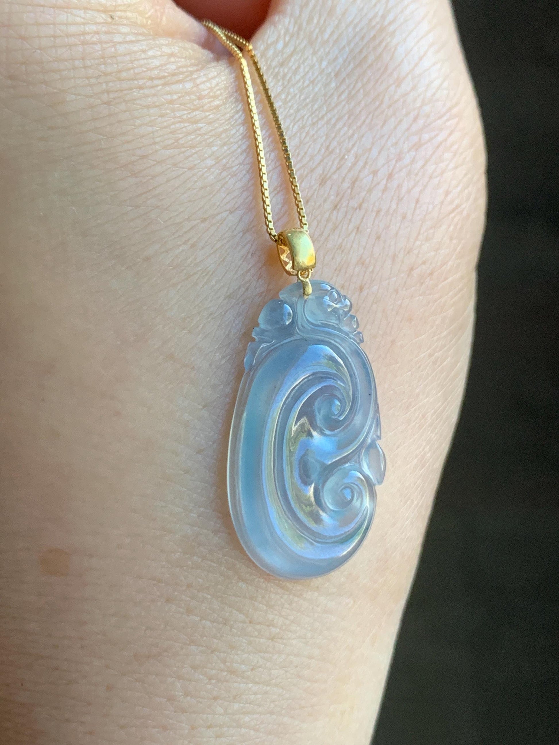 Natural Guatemalan Grade A Icy Highly Translucent Light Purplish Blue Jadeite Ruyi Pendant 18K Yellow Gold 天然老种冰危浅蓝紫起光翡翠如意镶嵌吊坠 D