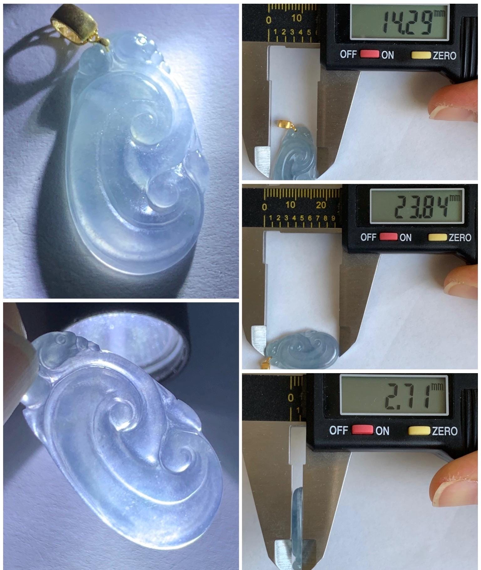 Natural Guatemalan Grade A Icy Highly Translucent Light Purplish Blue Jadeite Ruyi Pendant 18K Yellow Gold 天然老种冰危浅蓝紫起光翡翠如意镶嵌吊坠 E