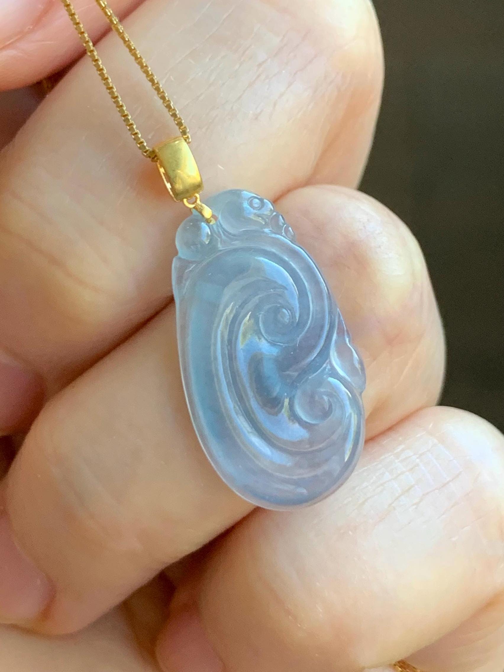 Natural Guatemalan Grade A Icy Highly Translucent Light Purplish Blue Jadeite Ruyi Pendant 18K Yellow Gold 天然老种冰危浅蓝紫起光翡翠如意镶嵌吊坠 E