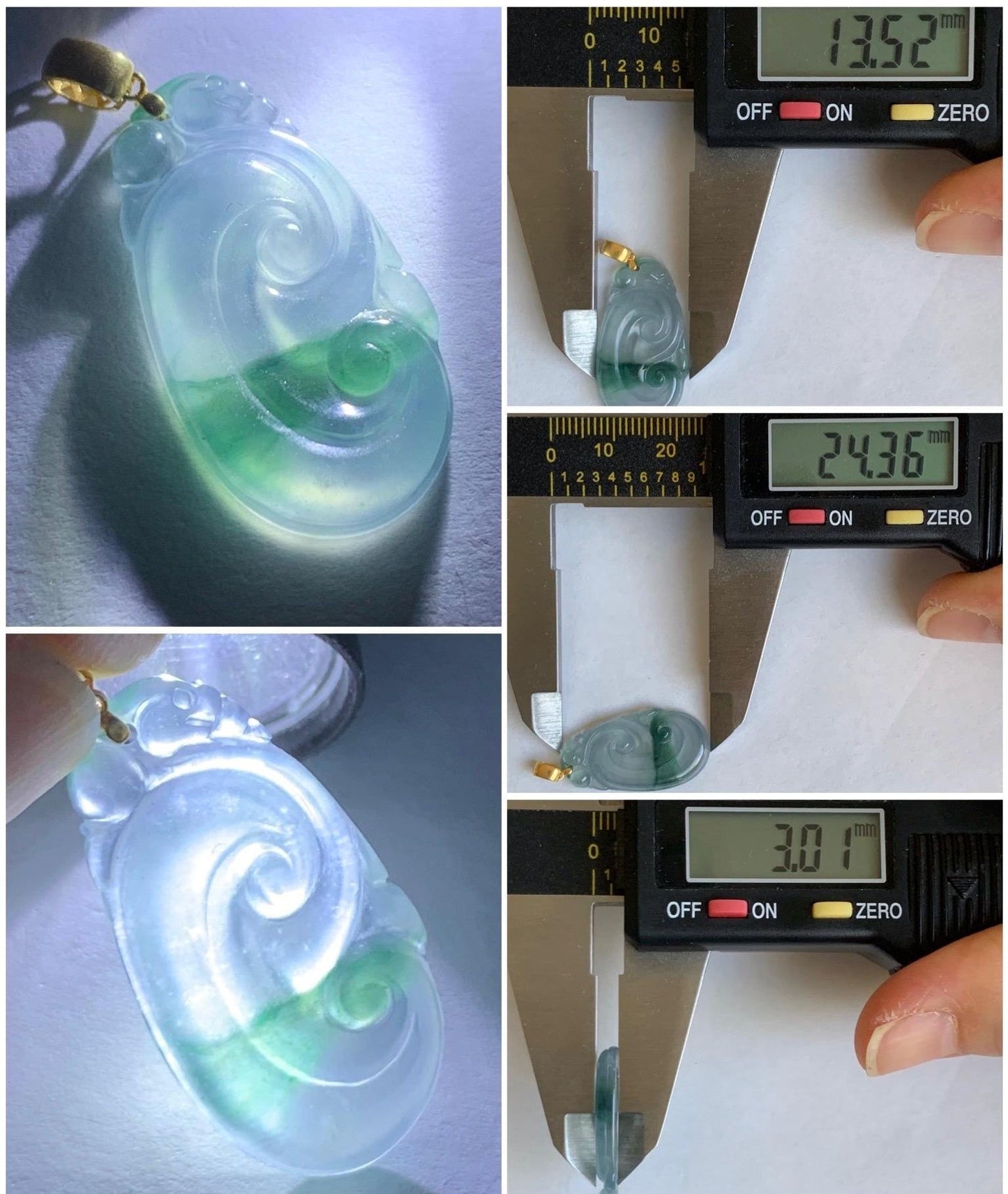 Natural Guatemalan Icy Highly Translucent Light Teal Blue & Green Marbled Jadeite Ruyi Pendant 18K Yellow Gold 天然老种冰危浅蓝飘绿起光翡翠如意镶嵌吊坠 F