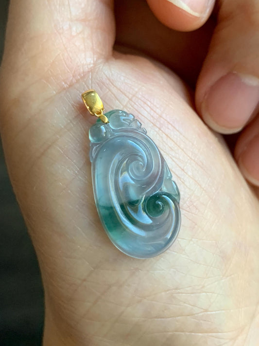 Natural Guatemalan Icy Highly Translucent Light Teal Blue & Green Marbled Jadeite Ruyi Pendant 18K Yellow Gold 天然老种冰危浅蓝飘绿起光翡翠如意镶嵌吊坠 F