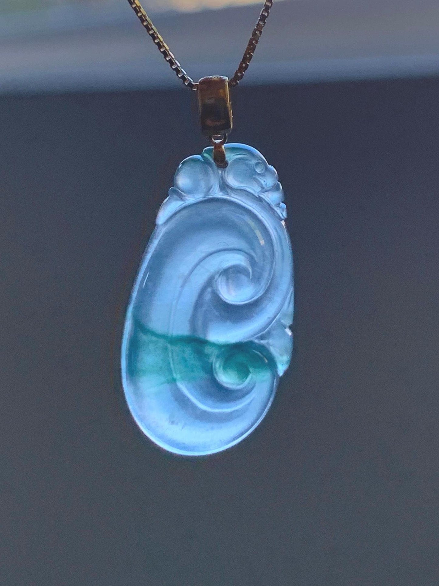 Natural Guatemalan Icy Highly Translucent Light Teal Blue & Green Marbled Jadeite Ruyi Pendant 18K Yellow Gold 天然老种冰危浅蓝飘绿起光翡翠如意镶嵌吊坠 F