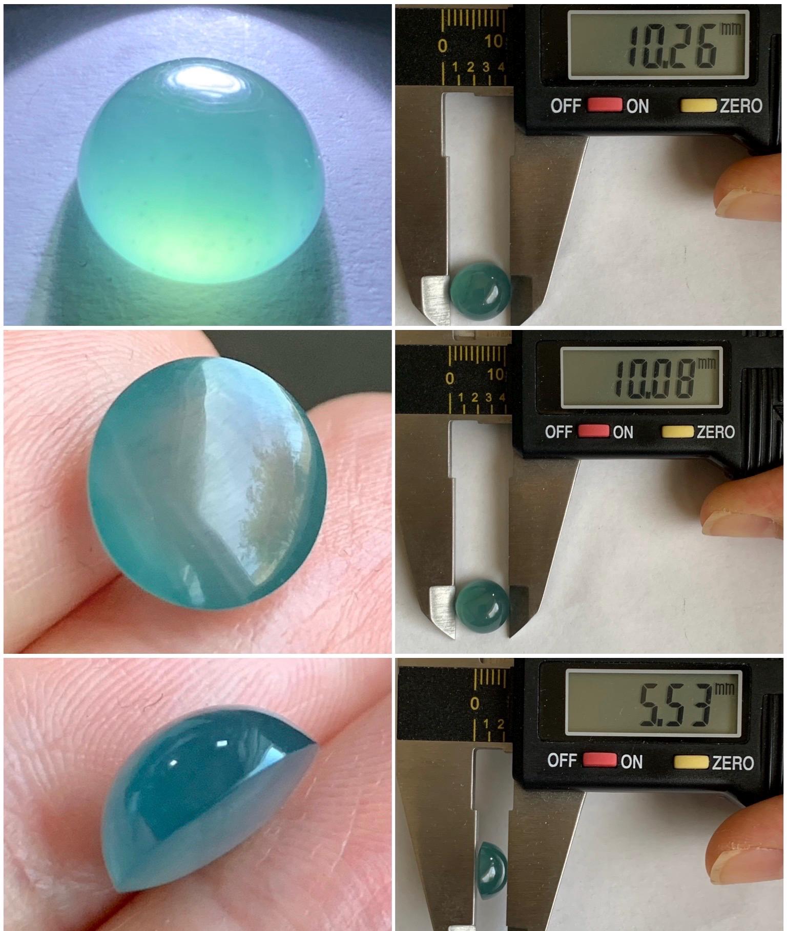 Natural Grade A Guatemalan Icy Highly Translucent & Gelatinous Teal Blue Jadeite Cabochon Loose Stone 10x10.2x5.5mm 天然冰危蓝绿起光翡翠蛋面