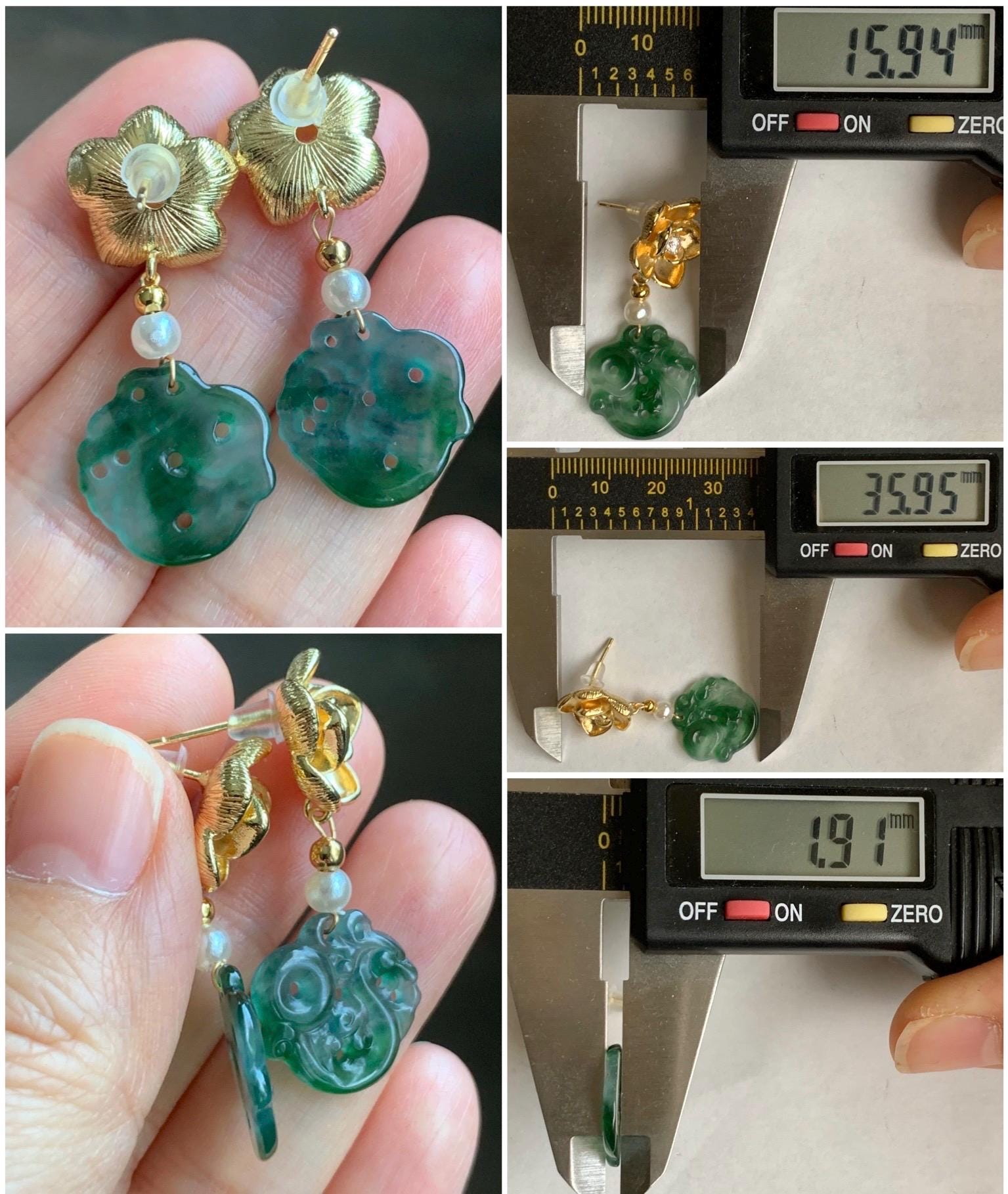 Natural Guatemalan Icy Highly Translucent Vibrant Green Marbled Jadeite Carved Dragon Bead Dangle Earrings 14K Gold Filled 天然冰危阳绿花翡翠龙雕耳坠耳环