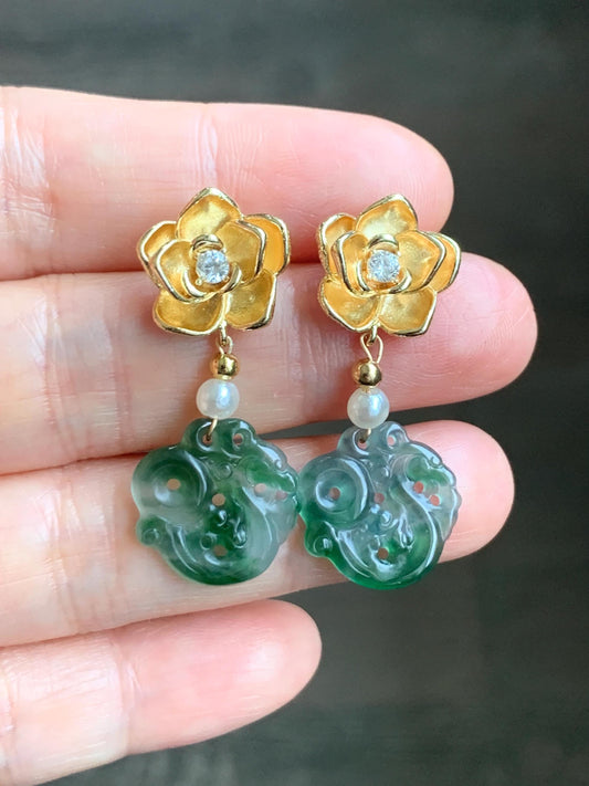 Natural Guatemalan Icy Highly Translucent Vibrant Green Marbled Jadeite Carved Dragon Bead Dangle Earrings 14K Gold Filled 天然冰危阳绿花翡翠龙雕耳坠耳环