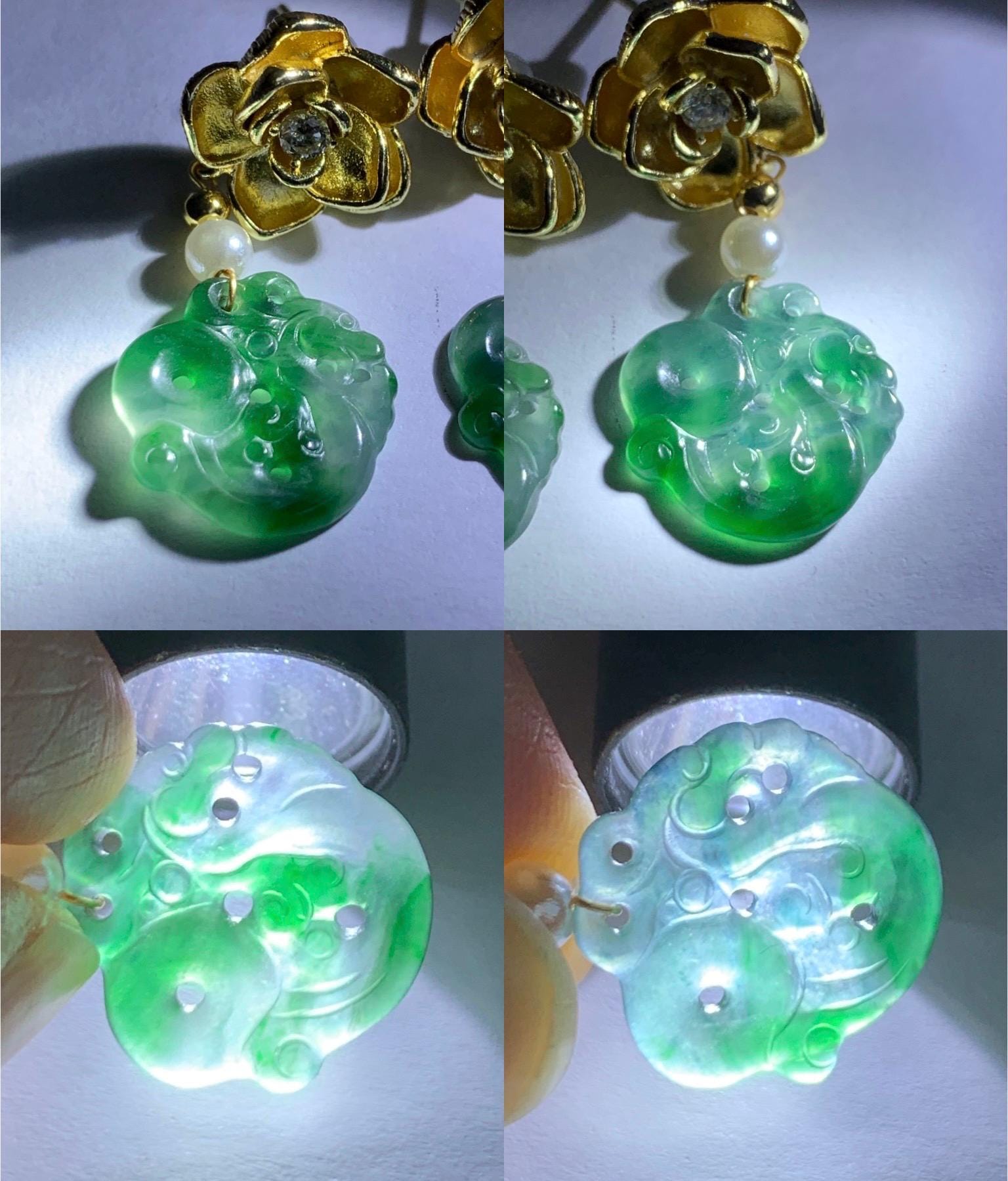 Natural Guatemalan Icy Highly Translucent Vibrant Green Marbled Jadeite Carved Dragon Bead Dangle Earrings 14K Gold Filled 天然冰危阳绿花翡翠龙雕耳坠耳环