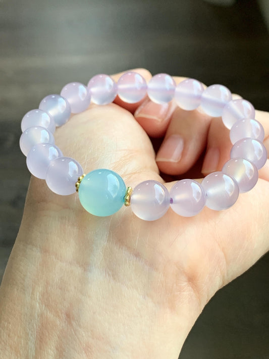 Natural Icy Highly Translucent Light Pinkish Purple Agate Large Beads & Sky Blue Agate Beaded Bracelet 10mm 27g 7.25” 天然高冰品质淡粉紫玛瑙圆珠手串