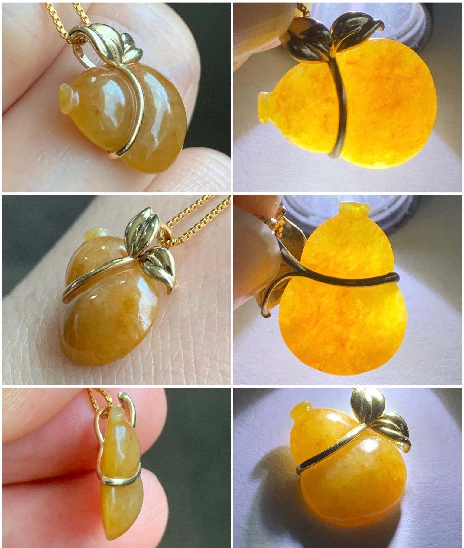 Certified Grade A Natural Icy Translucent Intense Yellow Jadeite Gourd Hulu Pendant 18K Yellow Gold 1.84g 天然冰浓黄翡葫芦镶嵌吊坠 4097