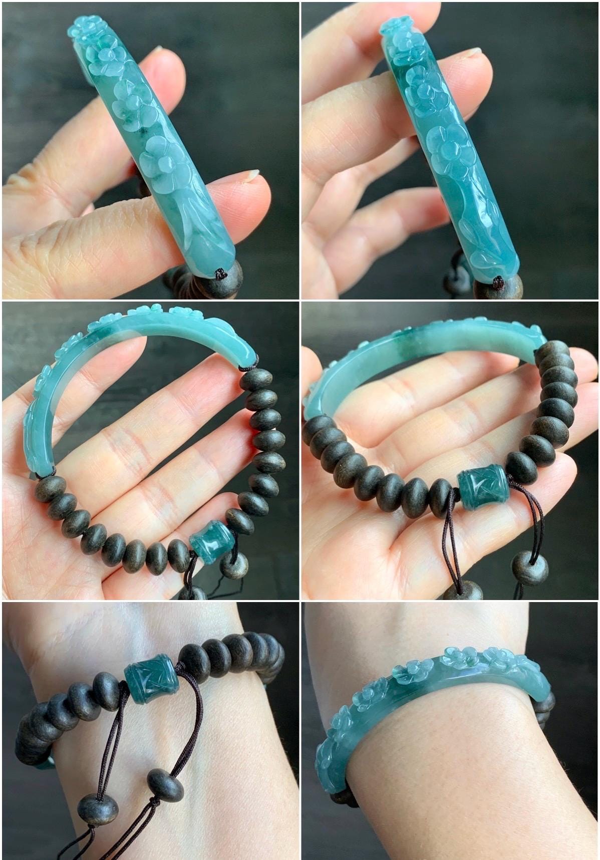Natural Guatemalan Icy Translucent Teal Blue Jadeite Carved Cherry Blossom Cuff Agarwood Beaded Bracelet 60mm 7.25" 22g 天然冰危蓝飘绿翡翠梅花枝手牌沉香珠手串