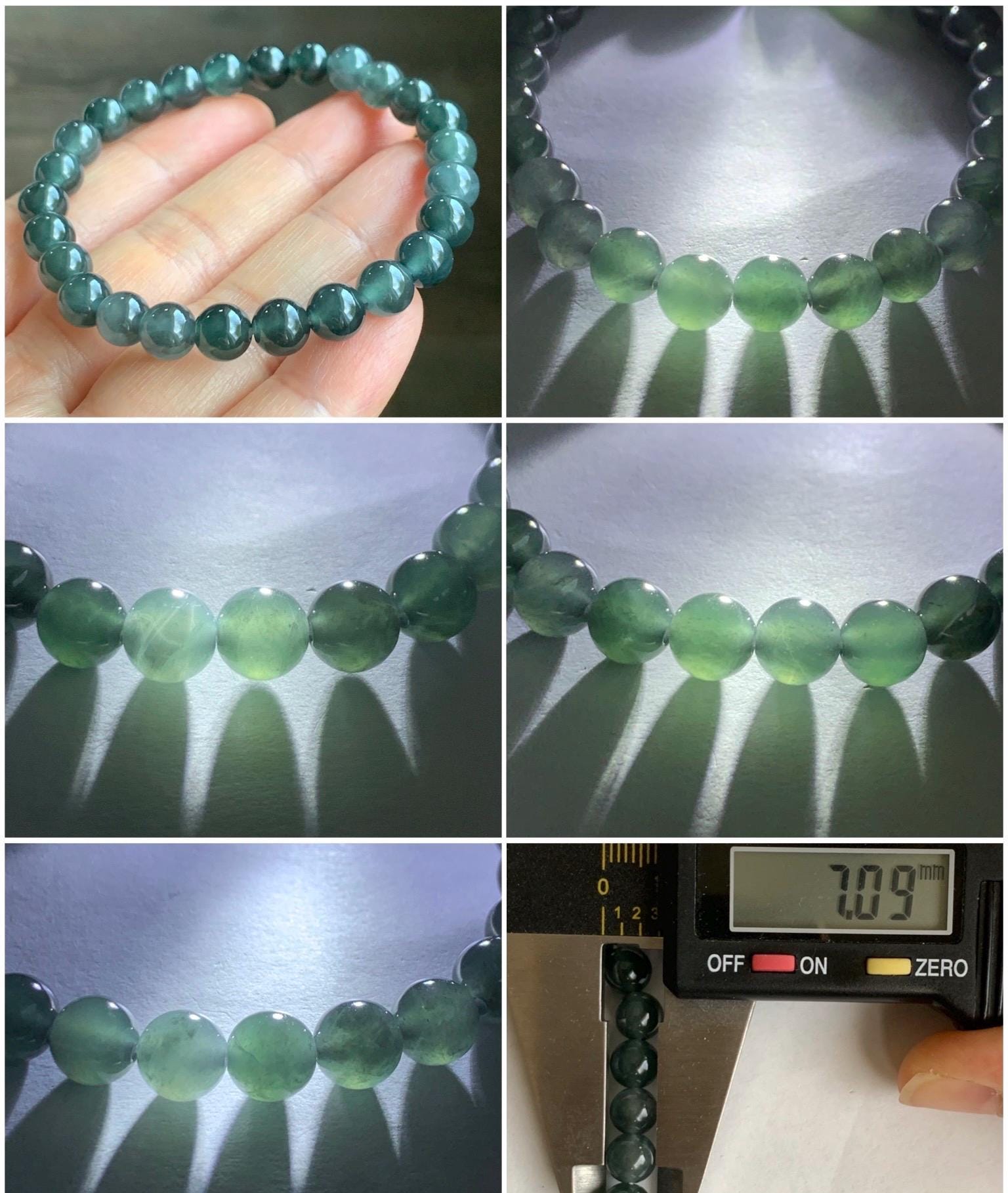 Natural Grade A Guatemalan Icy Translucent Gelatinous Dark Wuji Jadeite Beaded Bracelet Stretchy 6.75” 7mm 14g 天然冰胶危乌鸡翡翠圆珠手串 XWW110