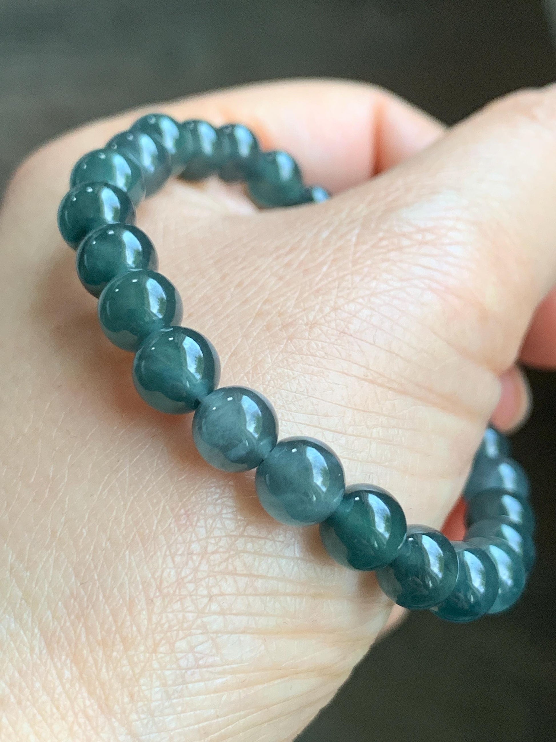 Natural Grade A Guatemalan Icy Translucent Gelatinous Dark Wuji Jadeite Beaded Bracelet Stretchy 6.75” 7mm 14g 天然冰胶危乌鸡翡翠圆珠手串 XWW110