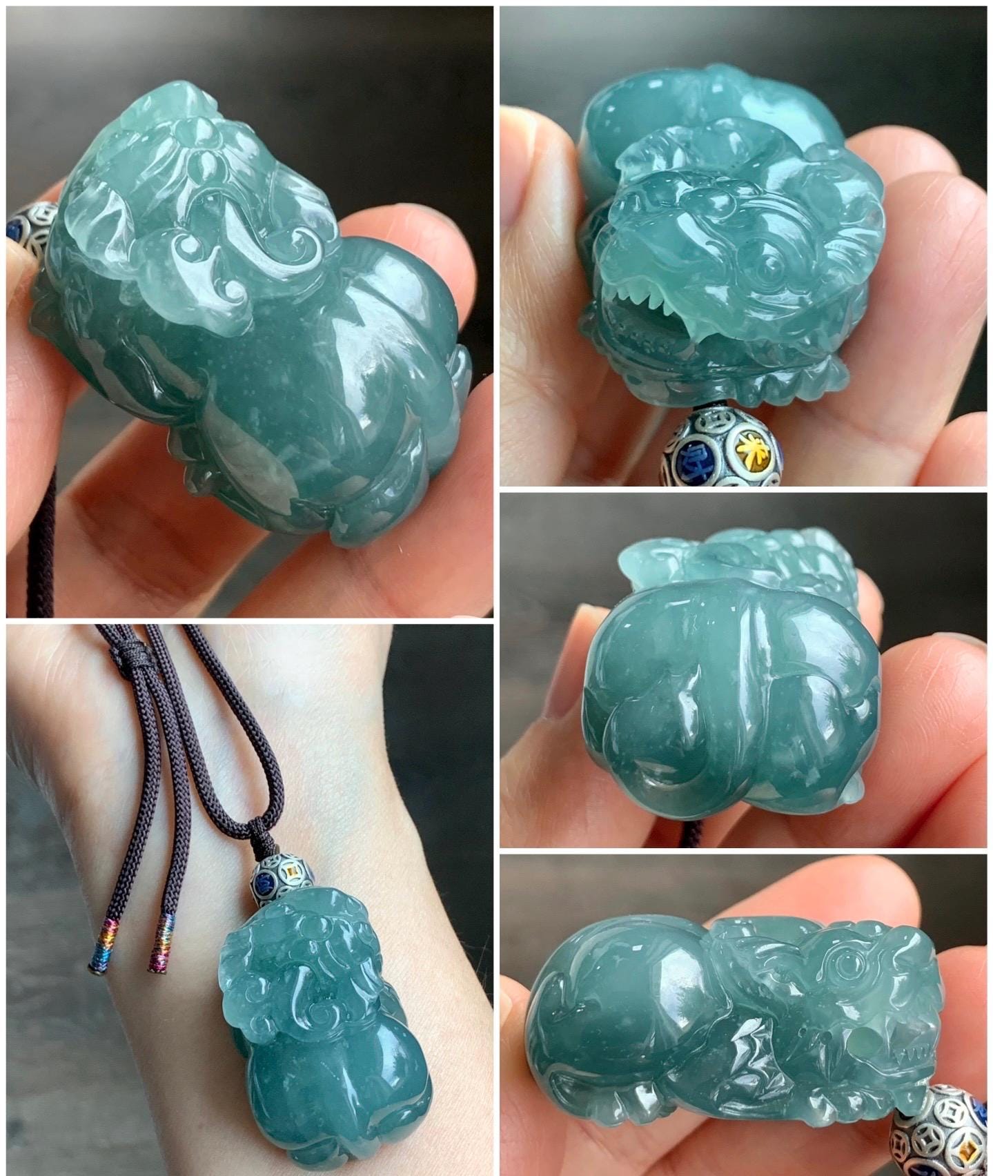 Certified Natural Guatemalan Icy Translucent Gelatinous Dark Teal Blue Jadeite Large Pixiu Pendant Rope Necklace 30" 天然冰危蓝水翡翠貔貅含珠吊坠挂件 7841
