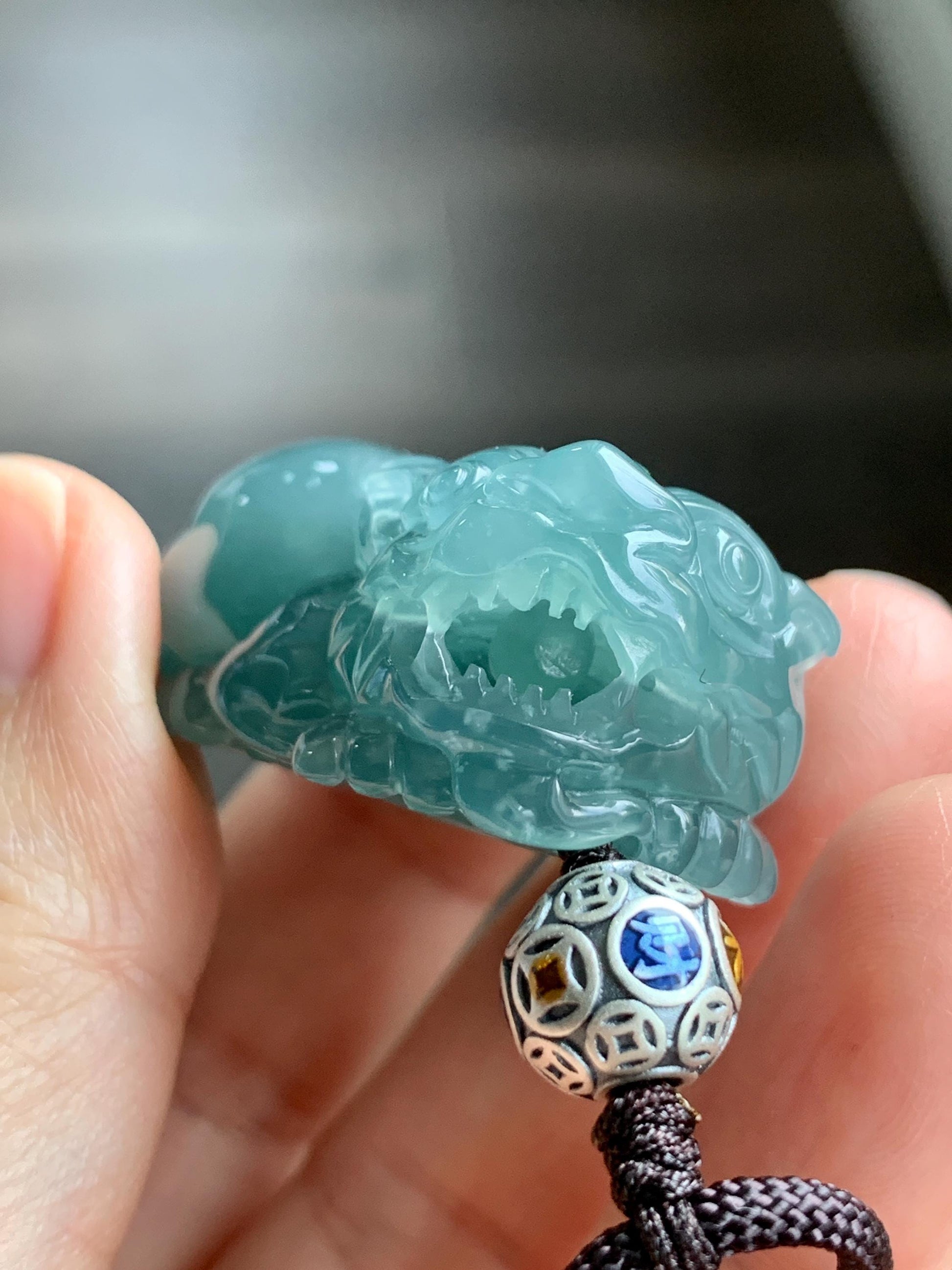 Certified Natural Guatemalan Icy Translucent Gelatinous Dark Teal Blue Jadeite Large Pixiu Pendant Rope Necklace 30" 天然冰危蓝水翡翠貔貅含珠吊坠挂件 7841