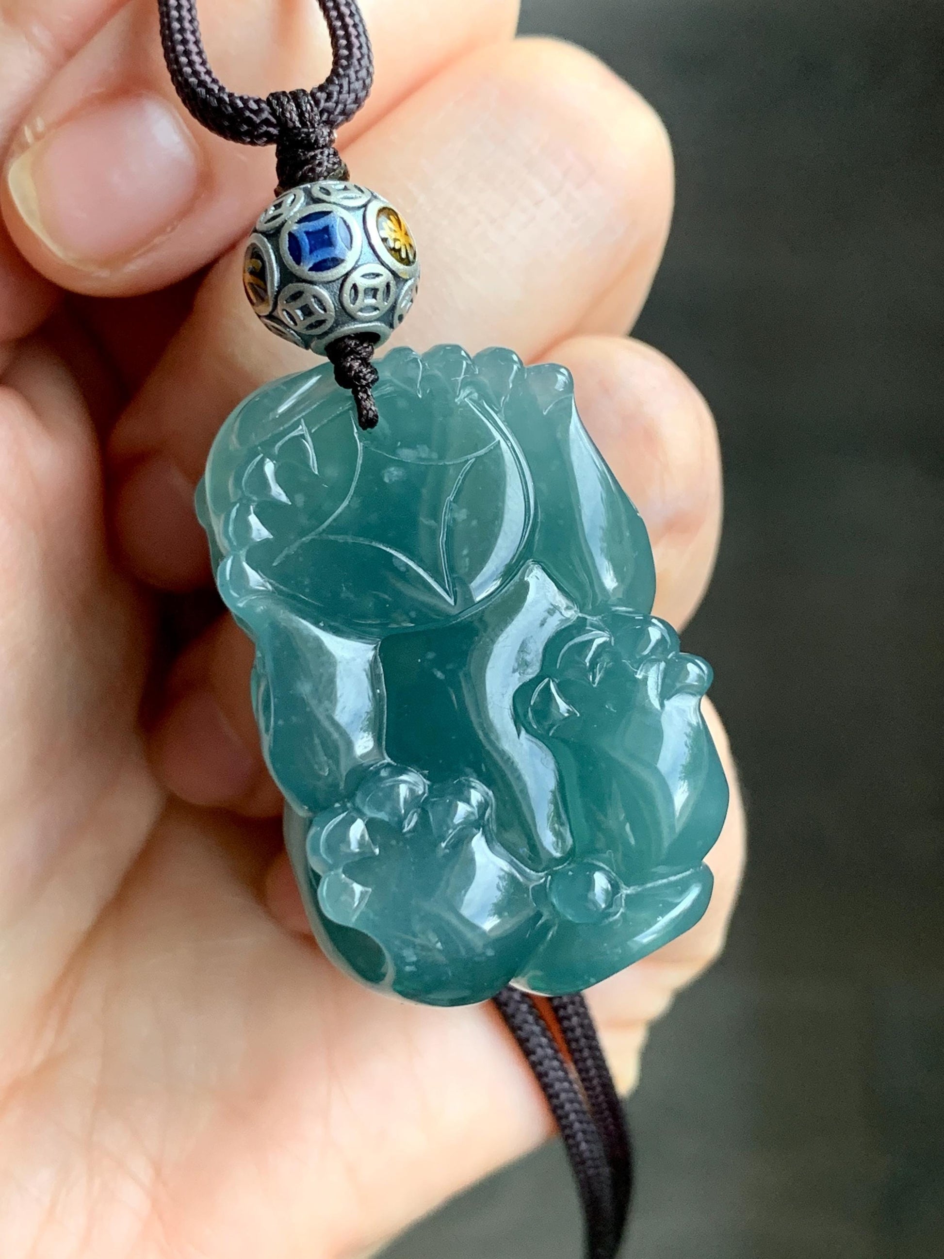 Certified Natural Guatemalan Icy Translucent Gelatinous Dark Teal Blue Jadeite Large Pixiu Pendant Rope Necklace 30" 天然冰危蓝水翡翠貔貅含珠吊坠挂件 7841