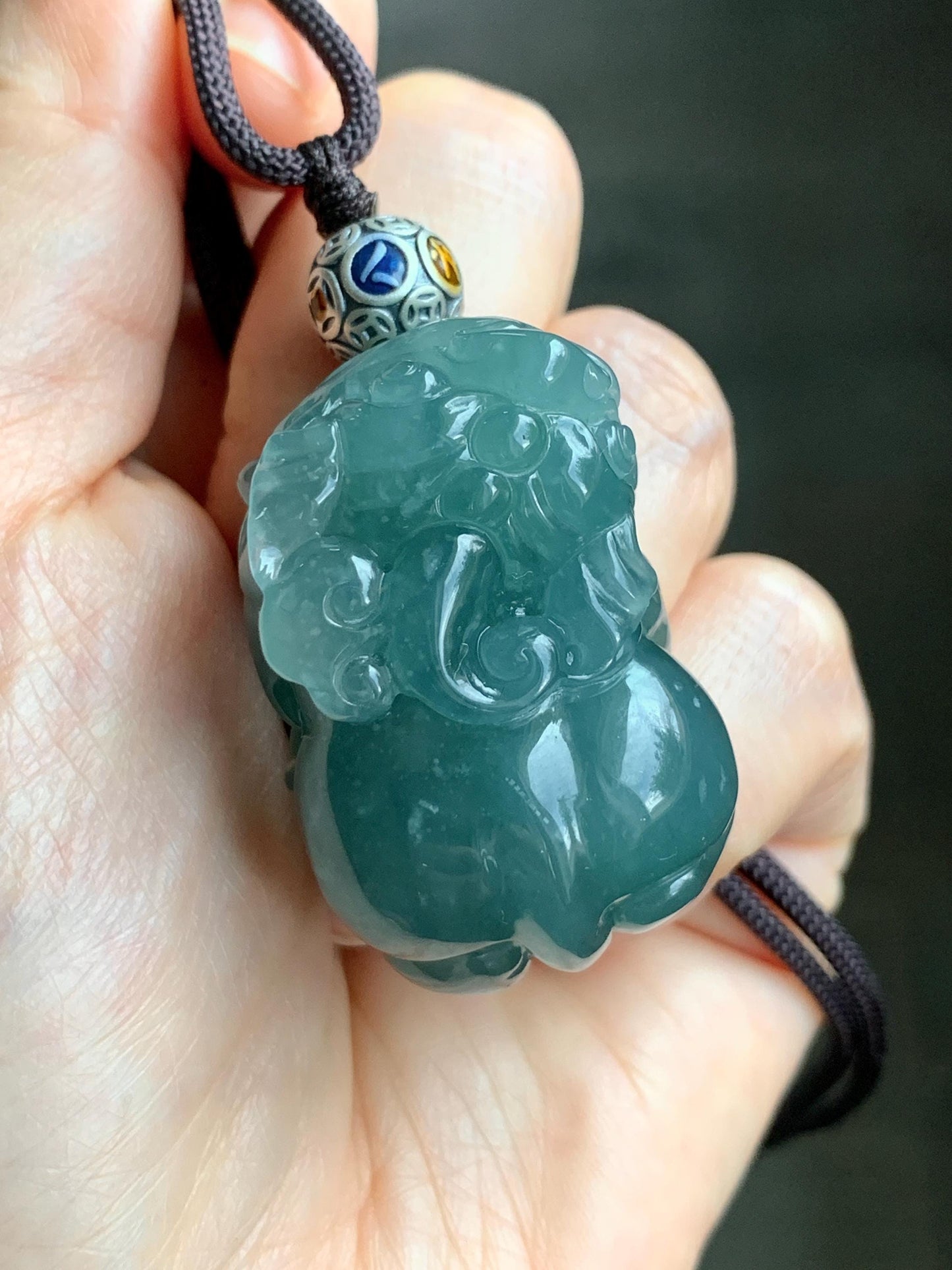 Certified Natural Guatemalan Icy Translucent Gelatinous Dark Teal Blue Jadeite Large Pixiu Pendant Rope Necklace 30" 天然冰危蓝水翡翠貔貅含珠吊坠挂件 7841