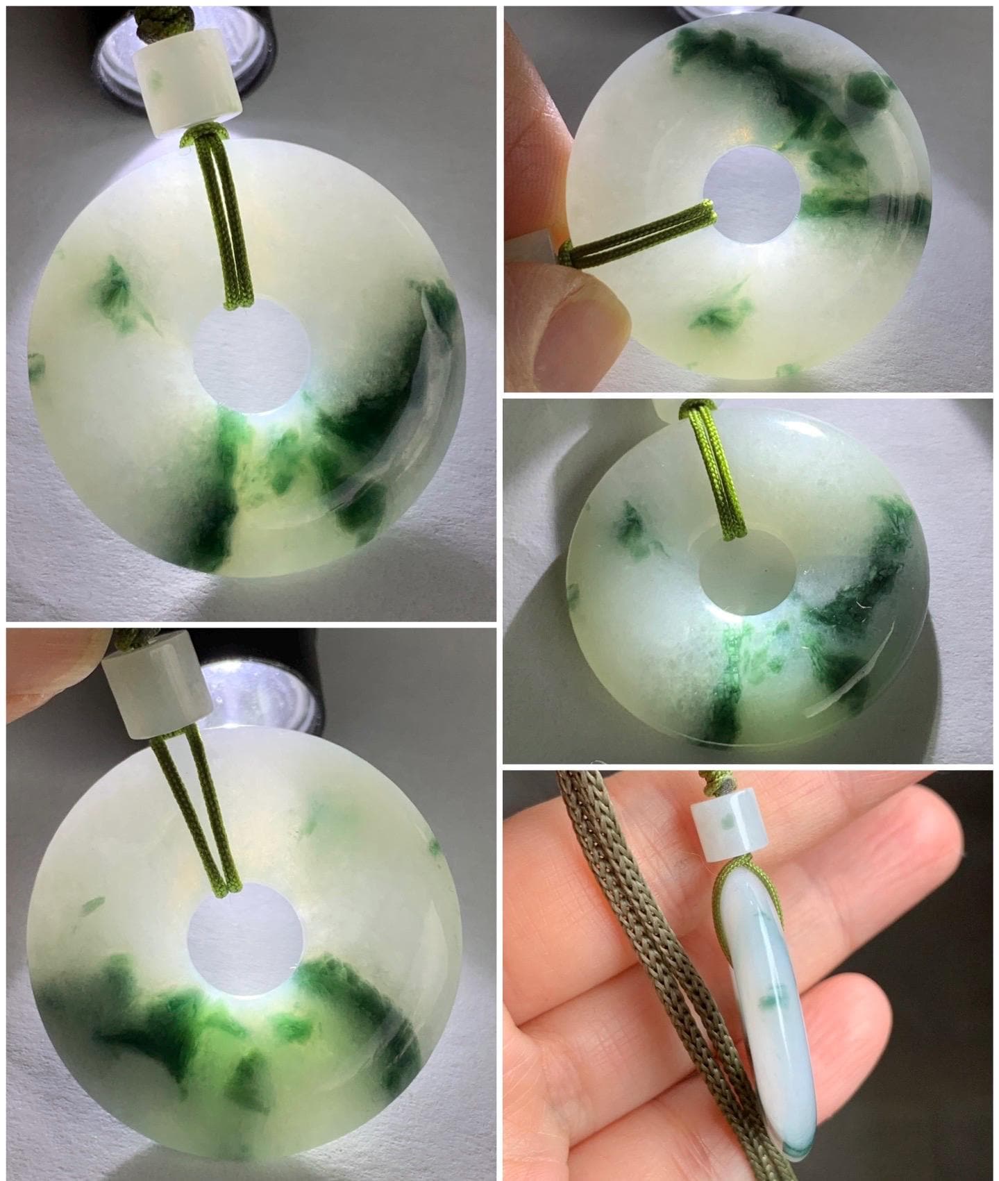 Natural Burmese Icy Translucent White & Dark Green Marbled Jadeite Ping An Kou Donut Pendant Rope Necklace 26” 天然缅甸冰飘花翡翠平安扣吊坠
