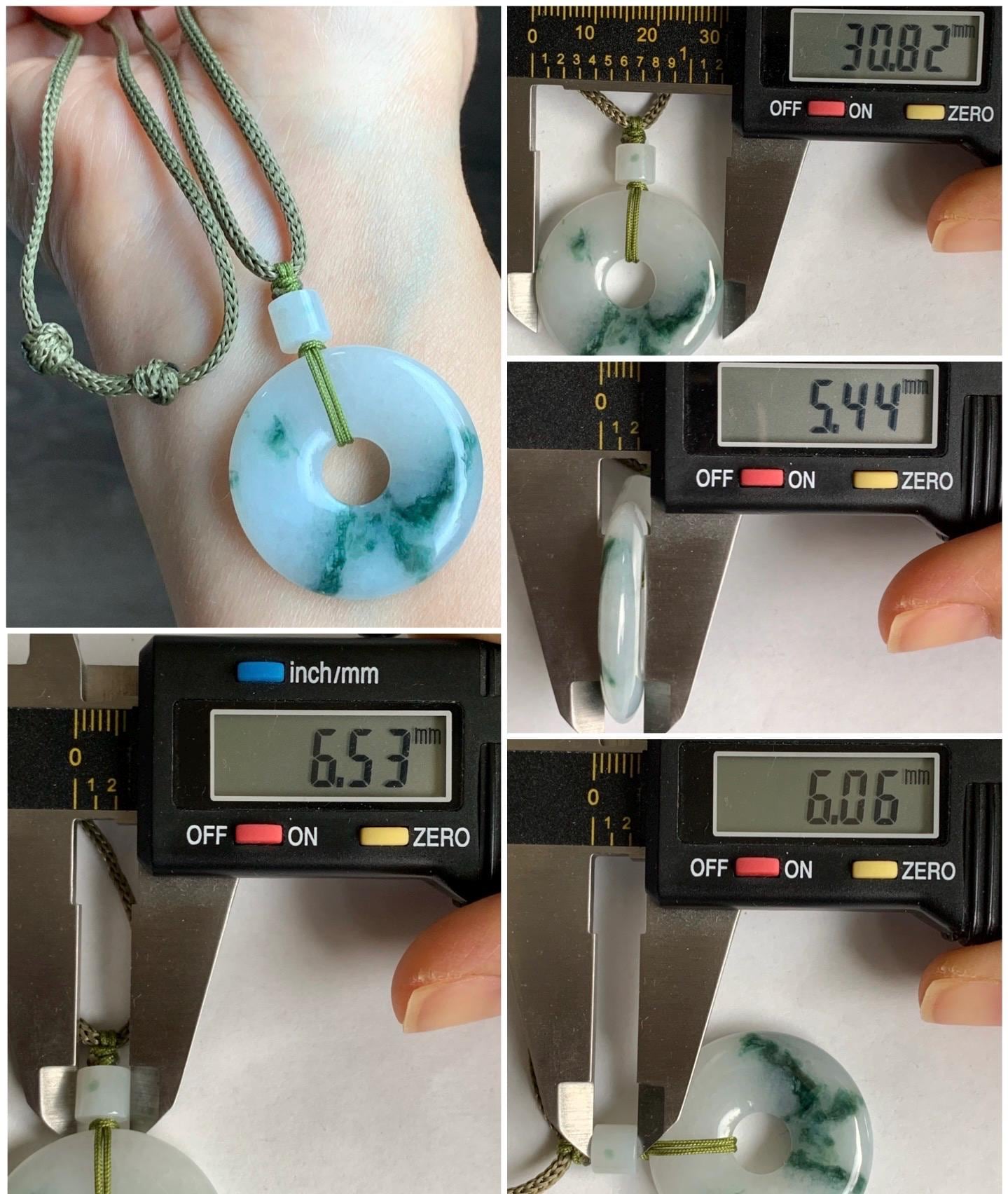 Natural Burmese Icy Translucent White & Dark Green Marbled Jadeite Ping An Kou Donut Pendant Rope Necklace 26” 天然缅甸冰飘花翡翠平安扣吊坠