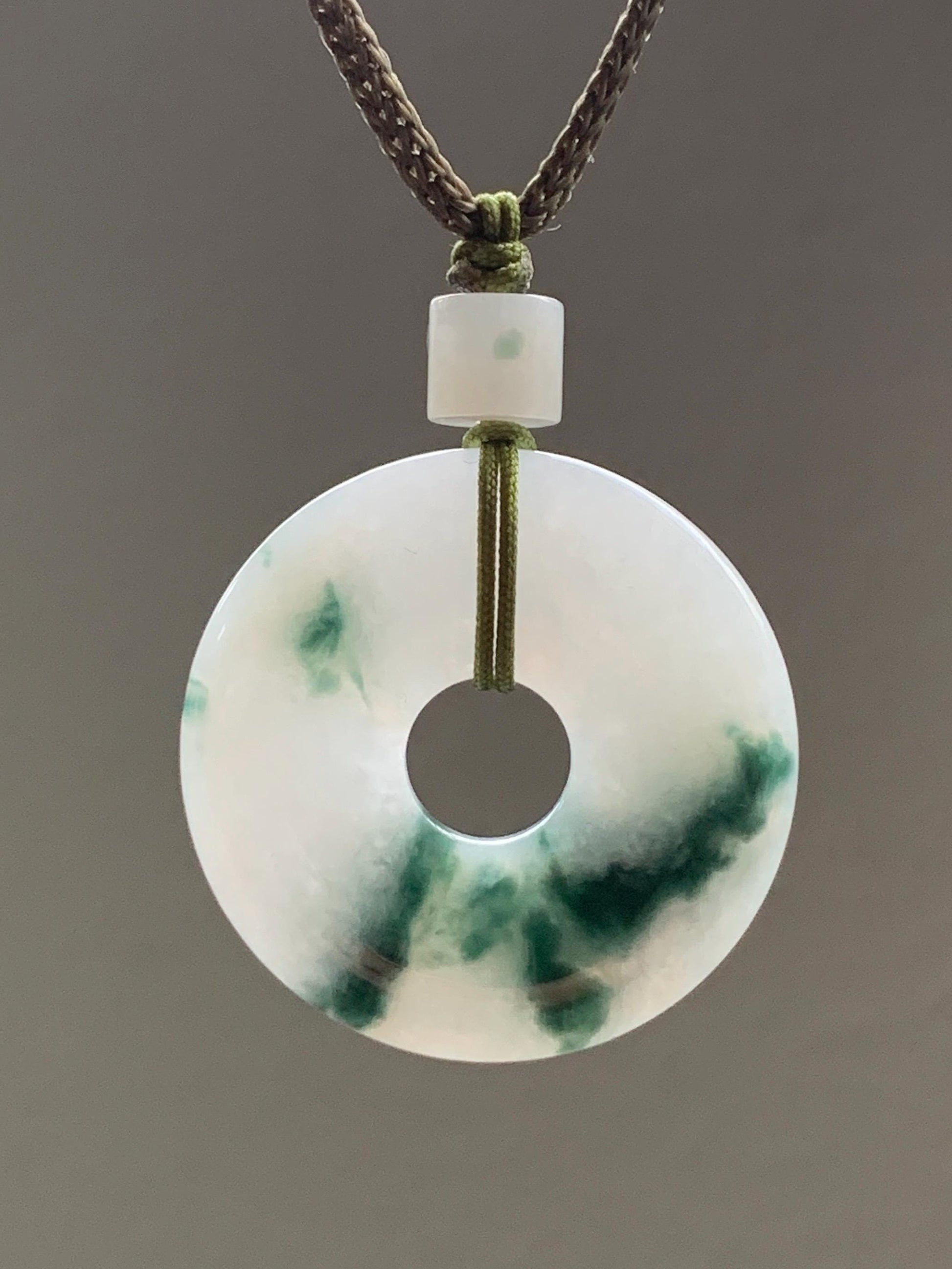 Natural Burmese Icy Translucent White & Dark Green Marbled Jadeite Ping An Kou Donut Pendant Rope Necklace 26” 天然缅甸冰飘花翡翠平安扣吊坠