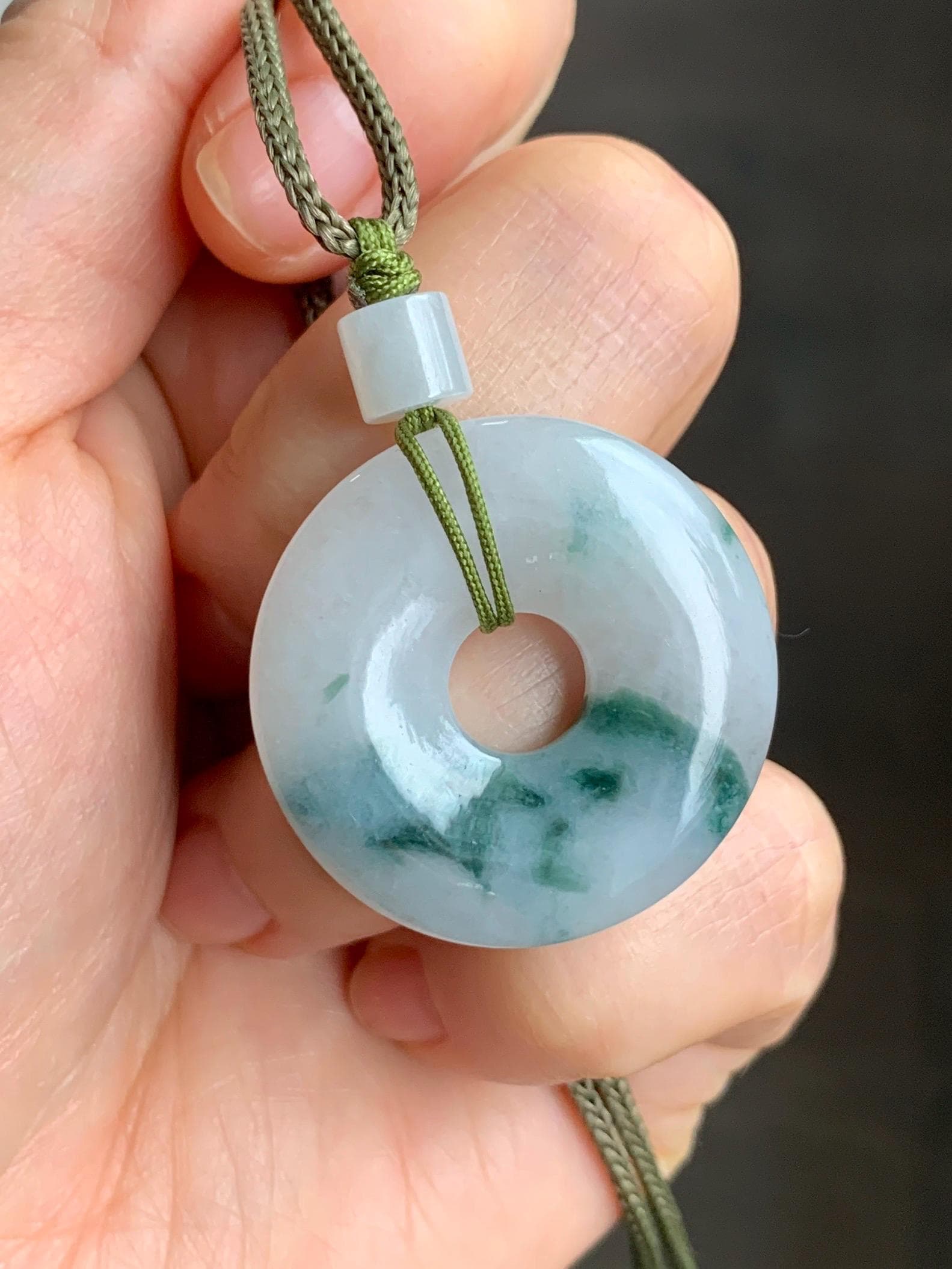 Natural Burmese Icy Translucent White & Dark Green Marbled Jadeite Ping An Kou Donut Pendant Rope Necklace 26” 天然缅甸冰飘花翡翠平安扣吊坠