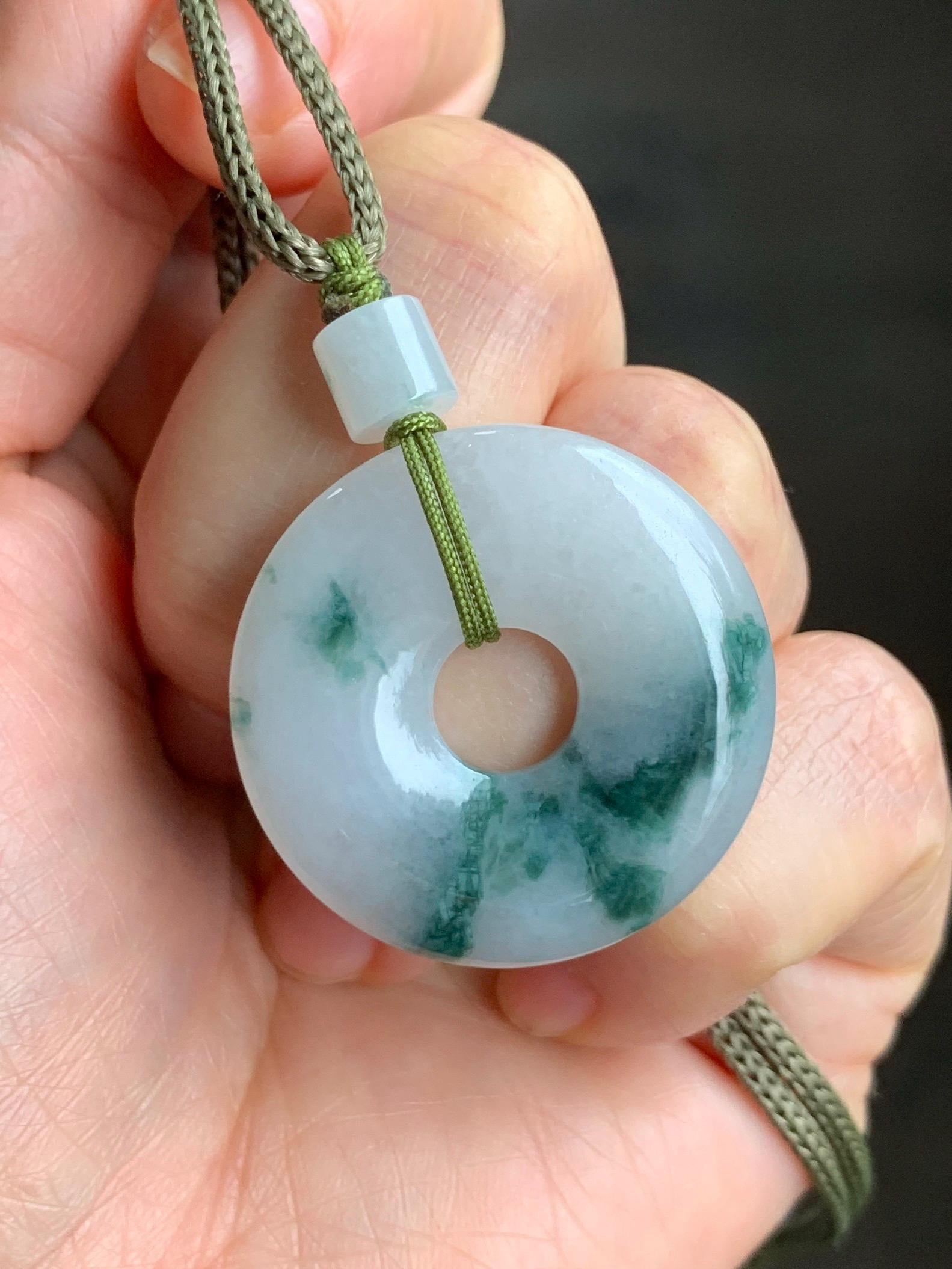 Natural Burmese Icy Translucent White & Dark Green Marbled Jadeite Ping An Kou Donut Pendant Rope Necklace 26” 天然缅甸冰飘花翡翠平安扣吊坠