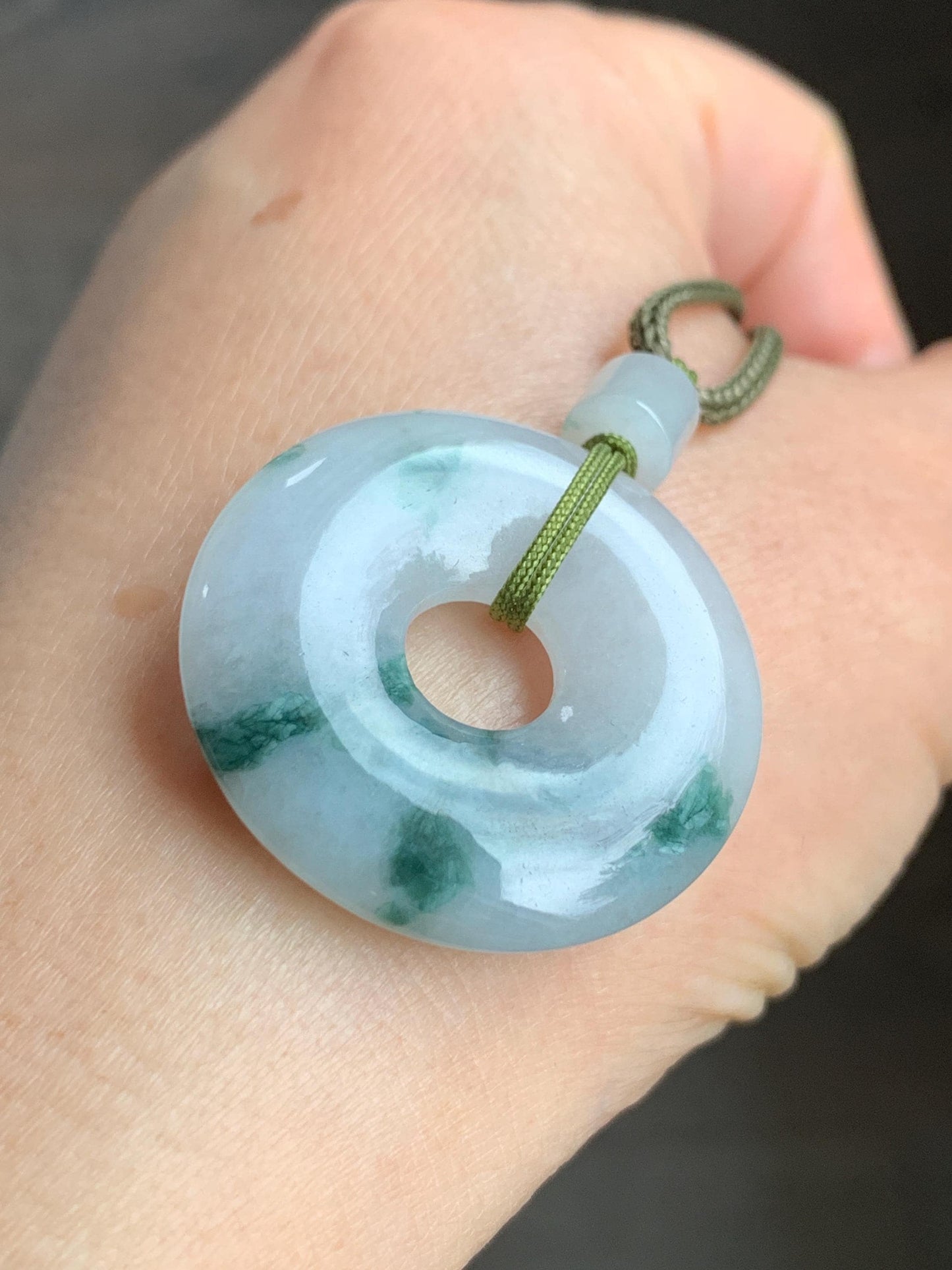 Natural Burmese Icy Translucent White & Dark Green Marbled Jadeite Ping An Kou Donut Pendant Rope Necklace 26” 天然缅甸冰飘花翡翠平安扣吊坠
