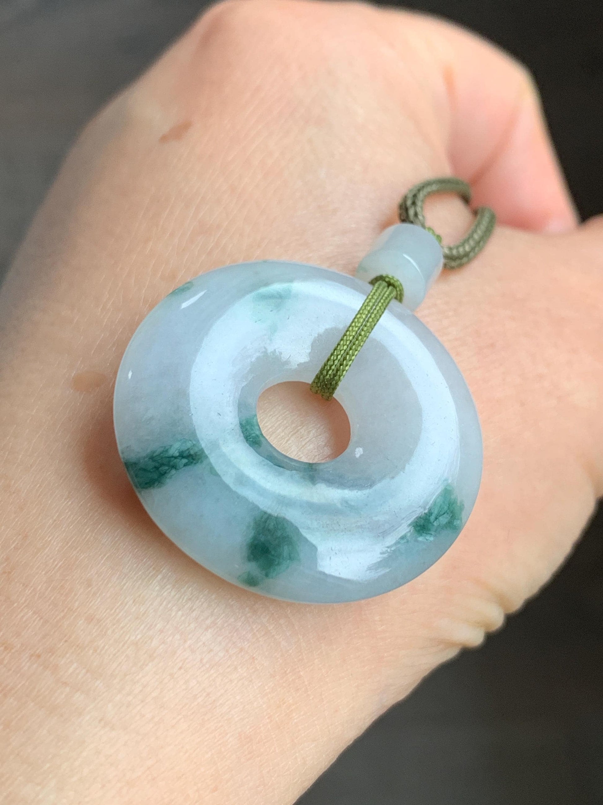 Natural Burmese Icy Translucent White & Dark Green Marbled Jadeite Ping An Kou Donut Pendant Rope Necklace 26” 天然缅甸冰飘花翡翠平安扣吊坠