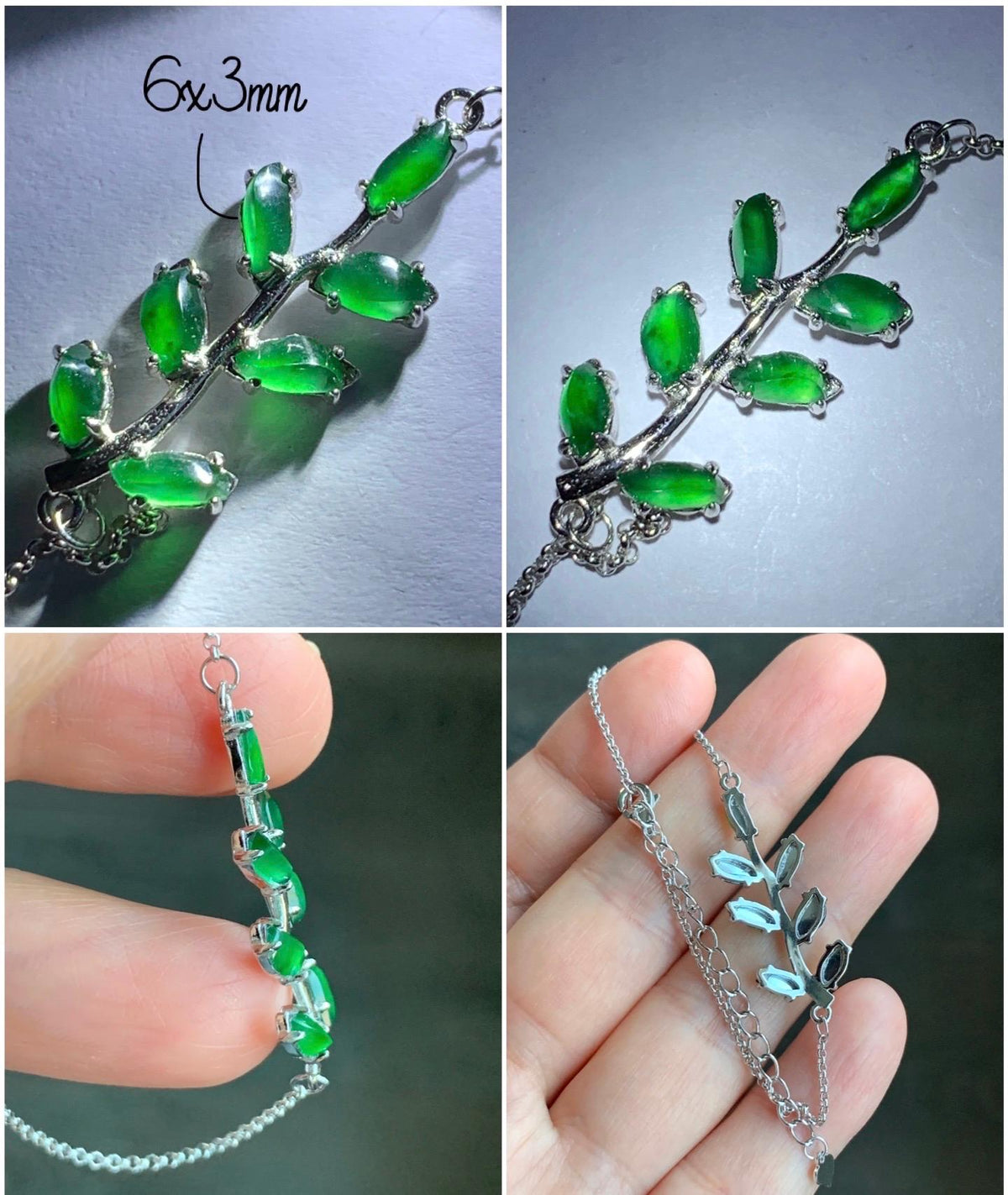 Certified Natural Guatemalan Icy Vibrant Green Horse Eye Jadeite Tree Branch Chain Bracelet Sterling Silver 6”-7.75” 2.48g 天然冰危绿翡翠银镶手链 7795
