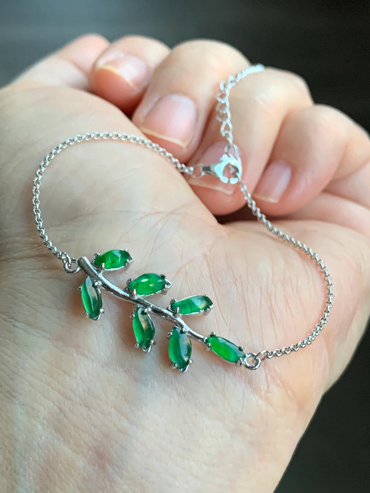 Certified Natural Guatemalan Icy Vibrant Green Horse Eye Jadeite Tree Branch Chain Bracelet Sterling Silver 6”-7.75” 2.48g 天然冰危绿翡翠银镶手链 7795