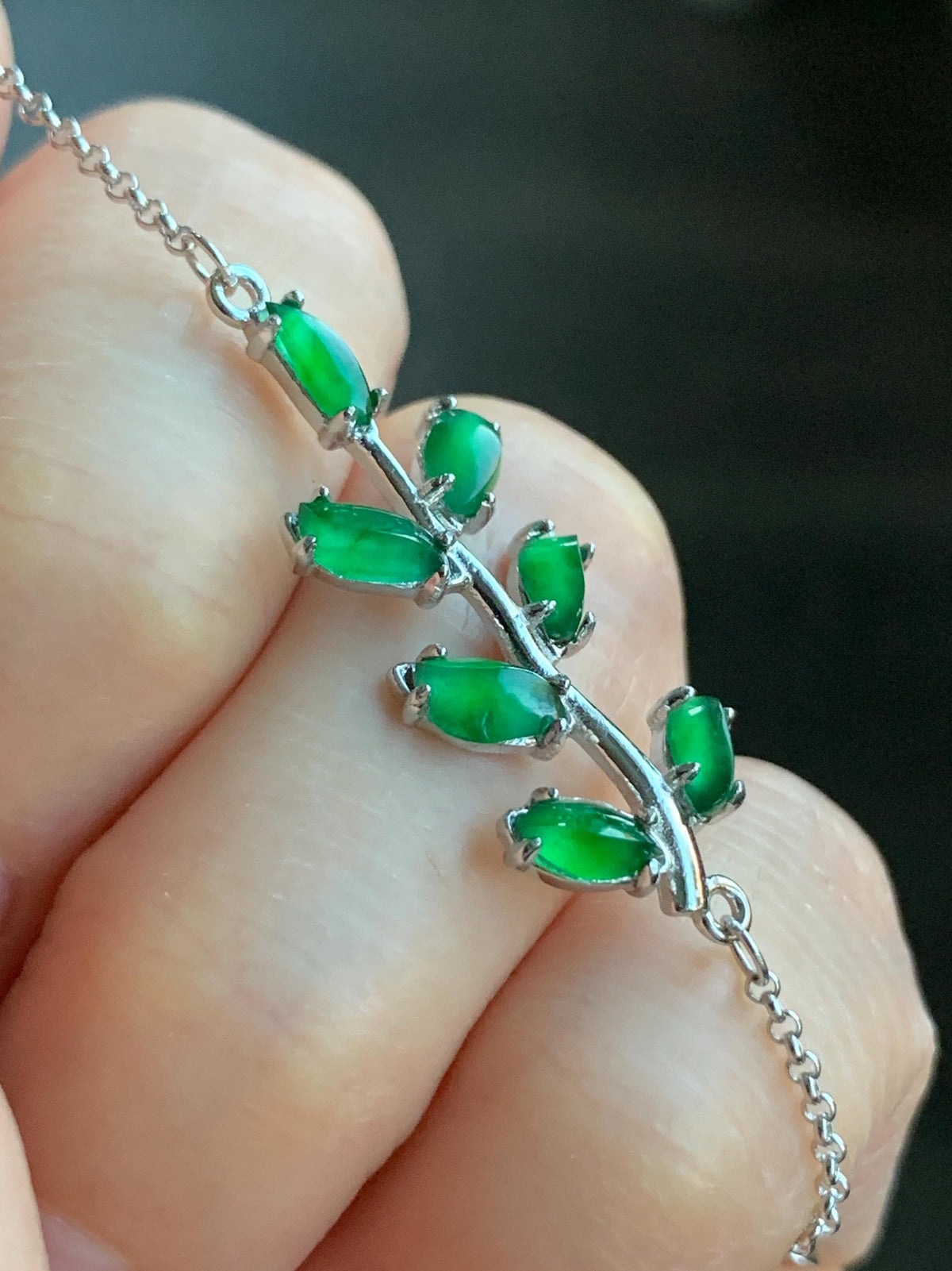 Certified Natural Guatemalan Icy Vibrant Green Horse Eye Jadeite Tree Branch Chain Bracelet Sterling Silver 6”-7.75” 2.48g 天然冰危绿翡翠银镶手链 7795