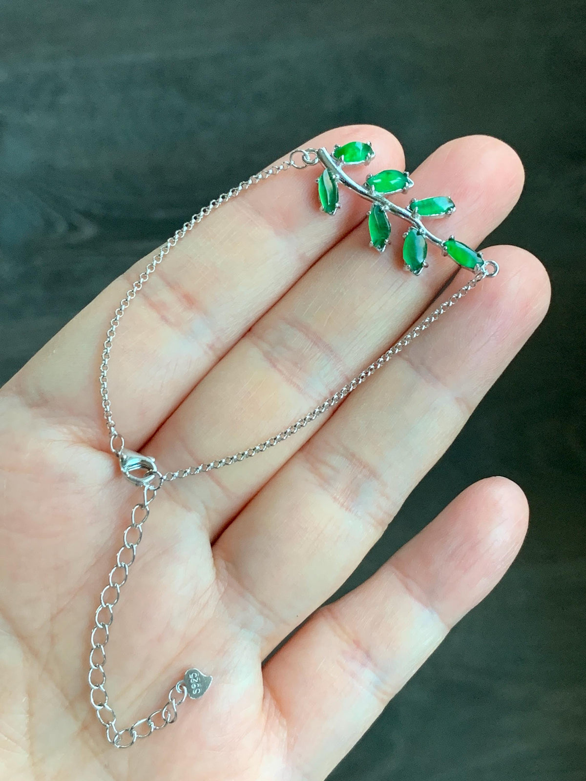 Certified Natural Guatemalan Icy Vibrant Green Horse Eye Jadeite Tree Branch Chain Bracelet Sterling Silver 6”-7.75” 2.48g 天然冰危绿翡翠银镶手链 7795