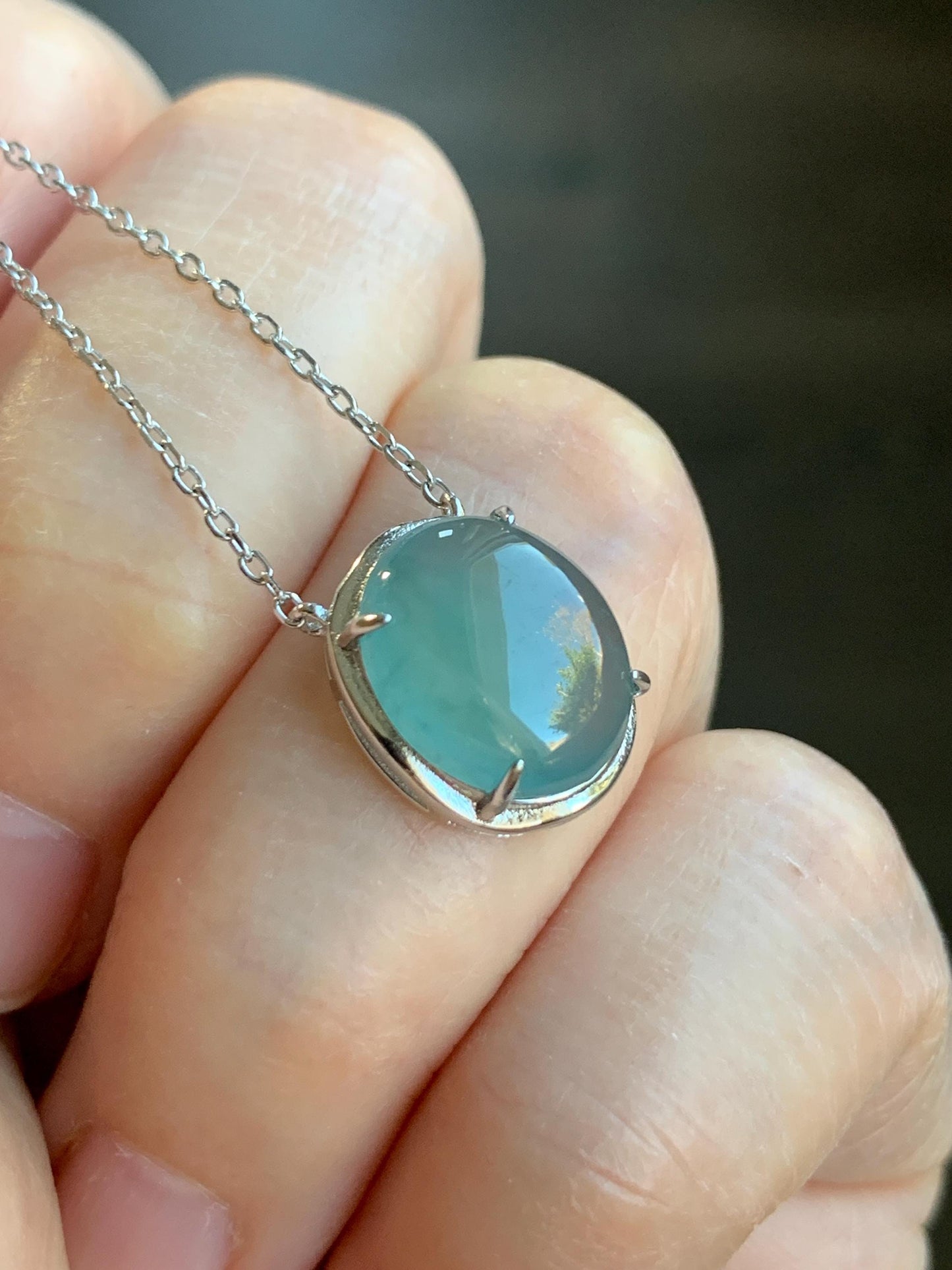 Natural Guatemalan Grade A Icy Translucent Dusty Blue Oval Jadeite Pendant Chain Necklace S925 Sterling Silver 15.5”-17” 3g 天然冰危蓝翡翠银镶吊坠套链