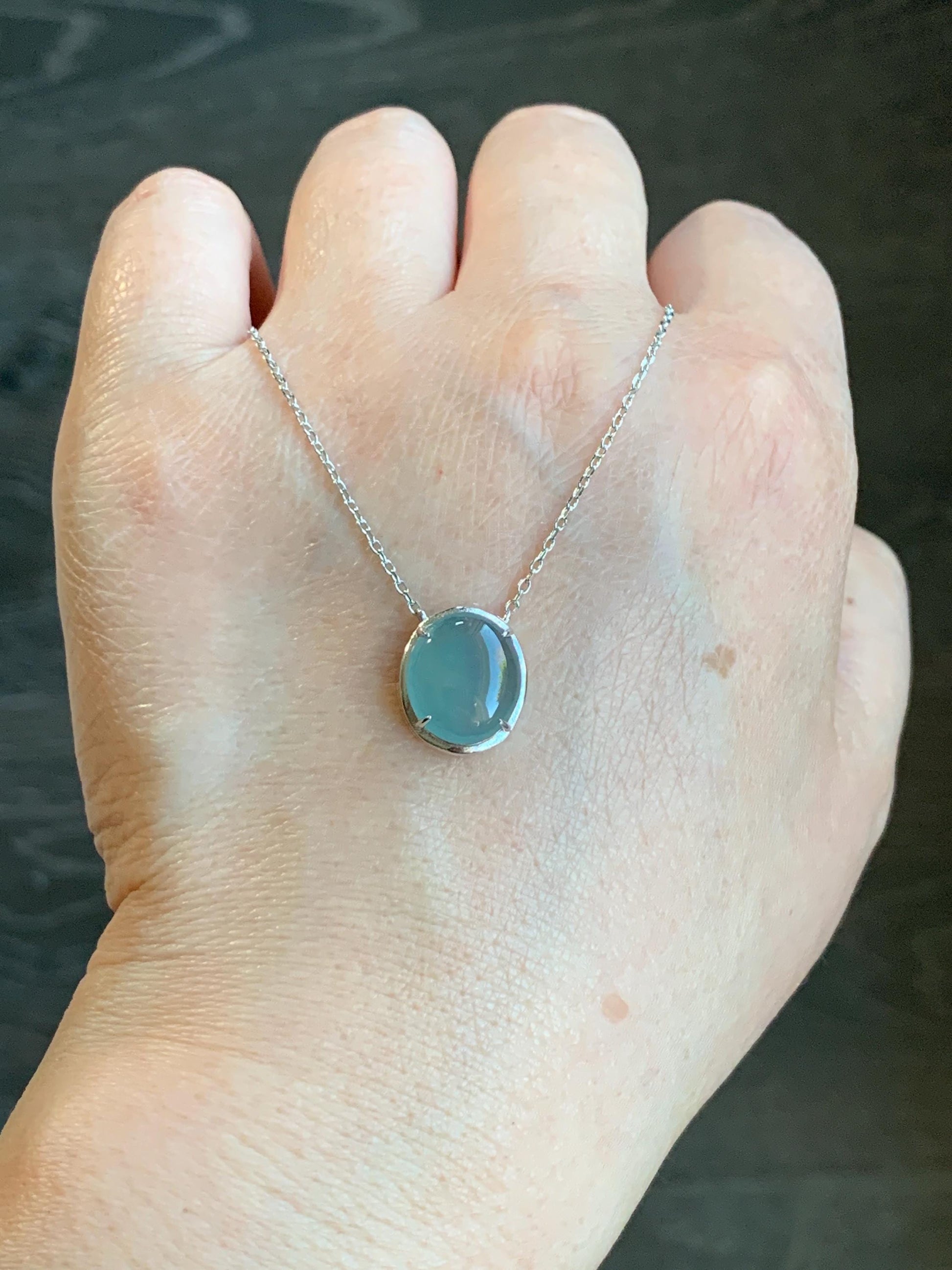Natural Guatemalan Grade A Icy Translucent Dusty Blue Oval Jadeite Pendant Chain Necklace S925 Sterling Silver 15.5”-17” 3g 天然冰危蓝翡翠银镶吊坠套链
